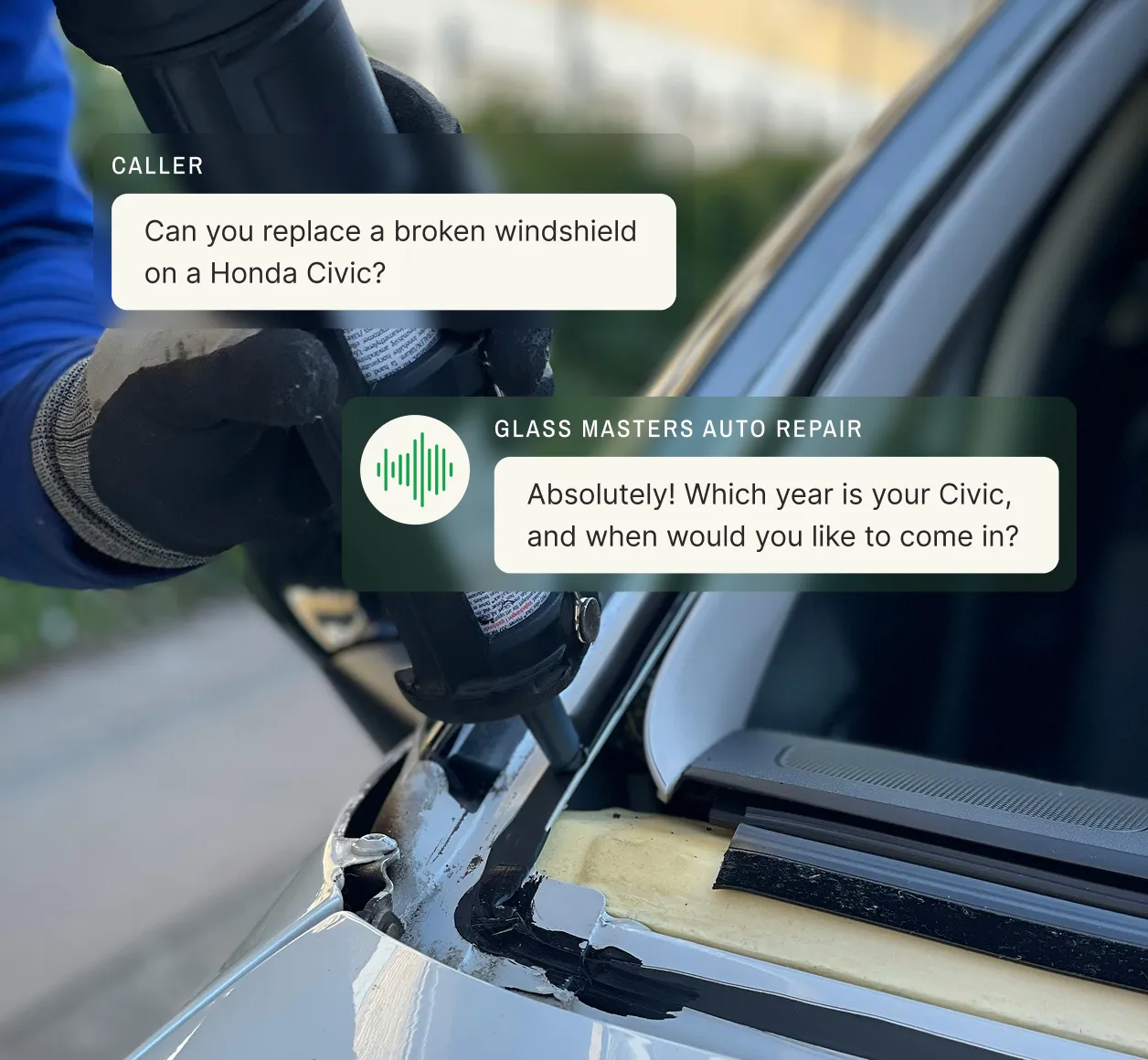 Technician applying sealant to a car windshield with a chat overlay showing a glass repair answering service booking a repair for a Honda Civic.