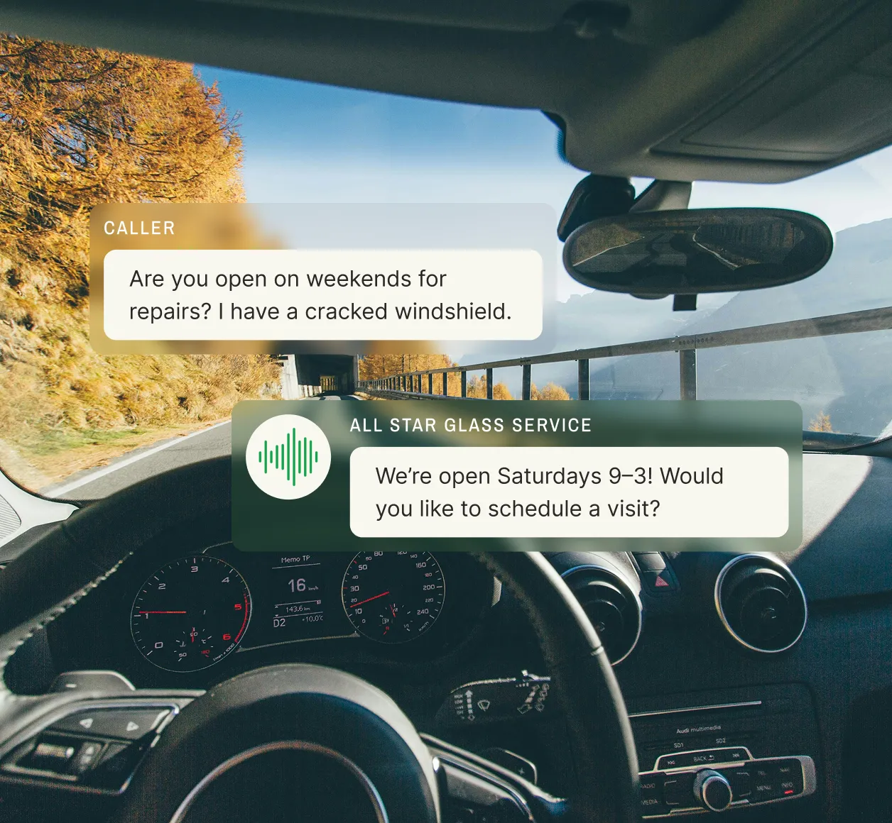 View from inside a car with a cracked windshield and a chat overlay showing a glass repair answering service confirming weekend availability