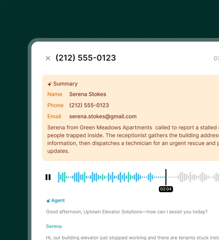 Phone call summary and transcription from a remote phone answering service for glass repair shops arranging an appointment.