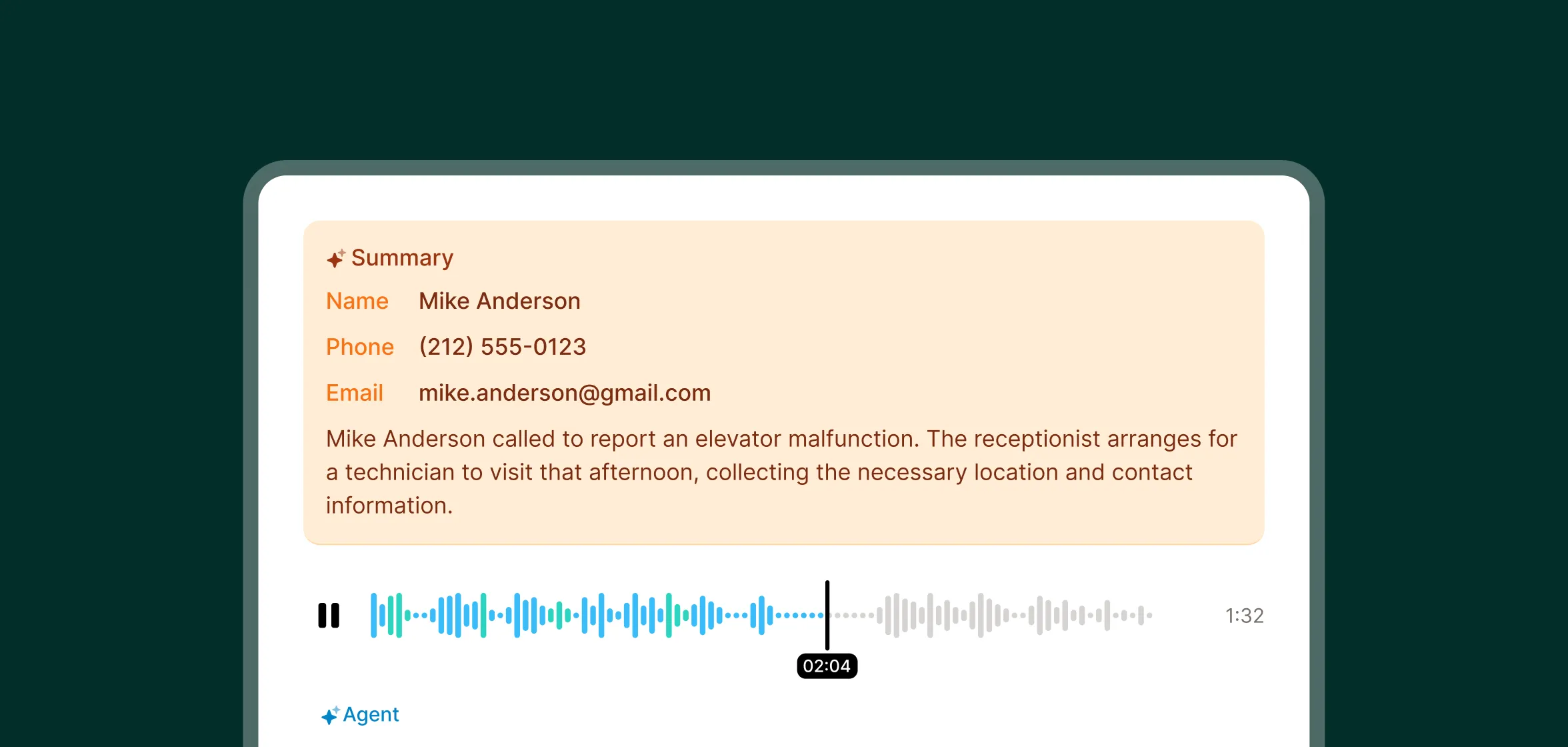 Call summary and audio playback from an answering service for glass repair describing a customer’s cracked window issue and scheduled repair.