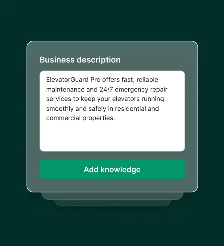 Business description form for a glass repair answering service showing details of services offered.