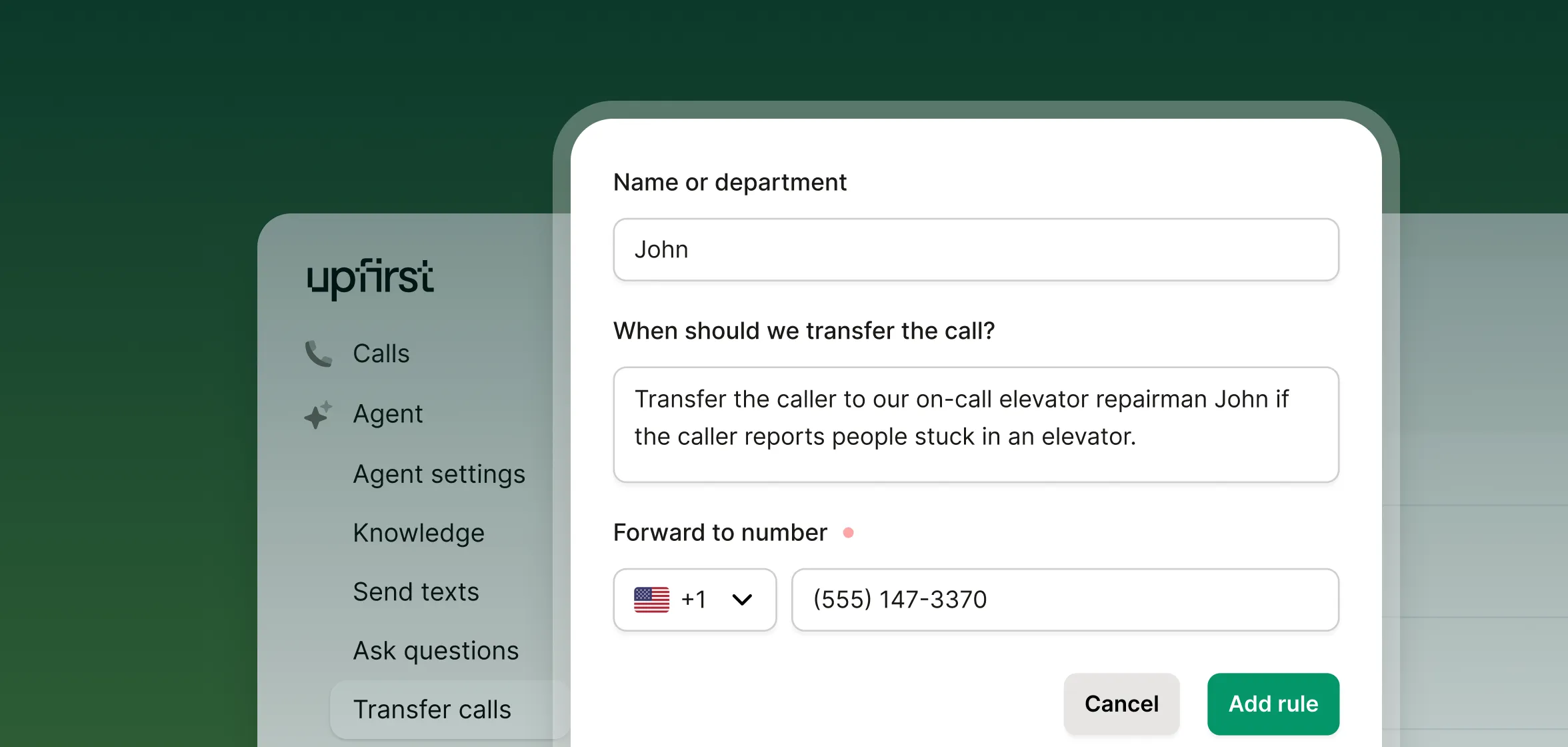 Interface for setting call transfer rules in a remote phone answering service for glass repair shops, forwarding urgent cases to an on-call repairman.