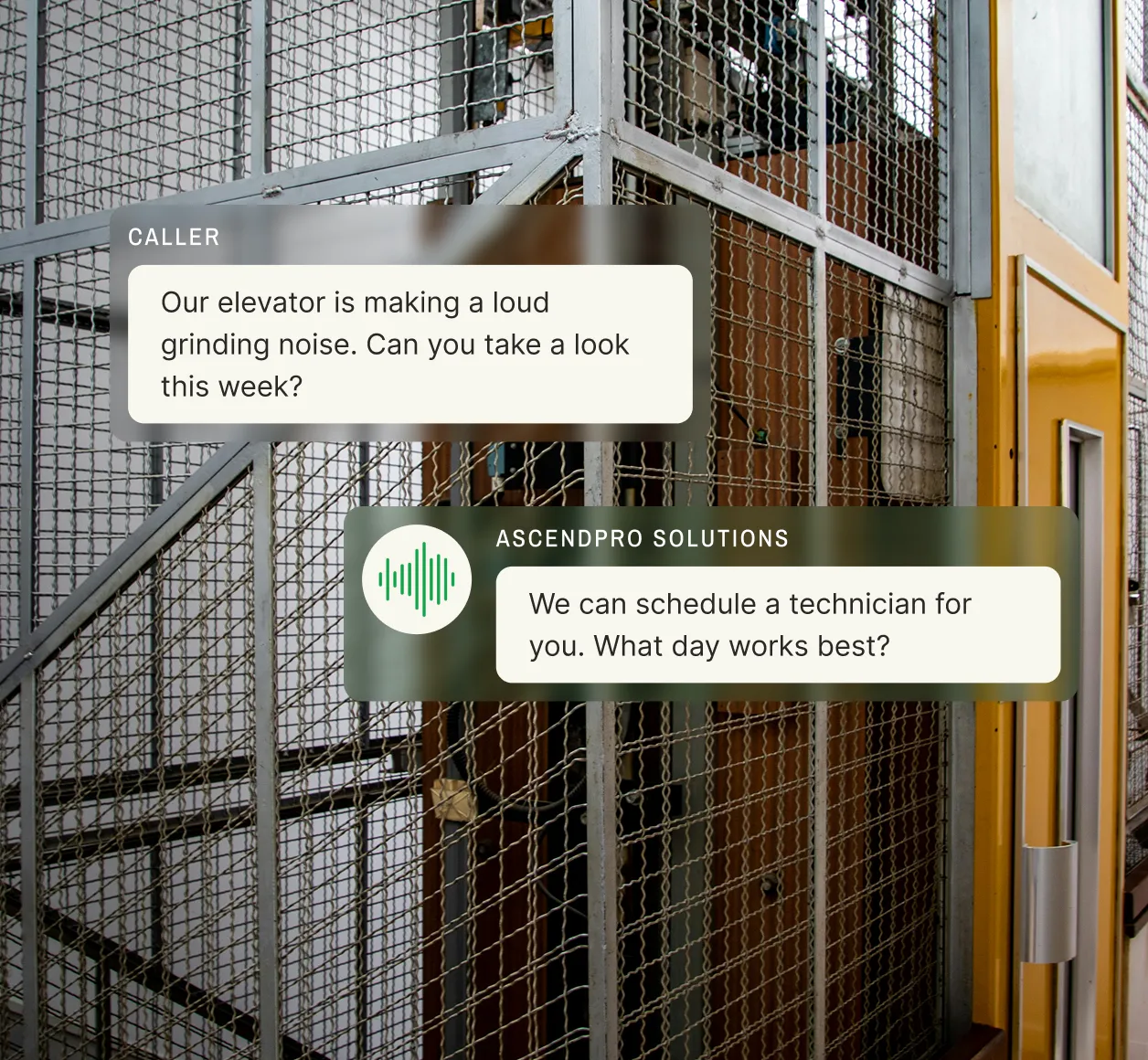 Storefront window with a chat overlay where an answering service for glass repair confirms emergency repair availability.