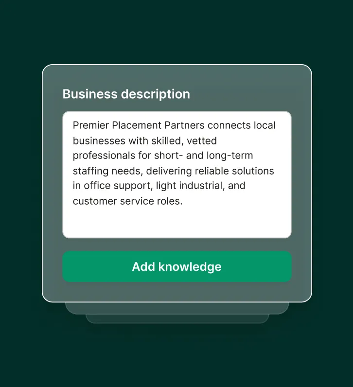 A business profile is added to an answering service for a marketing agency, including details on social media and campaign strategy.