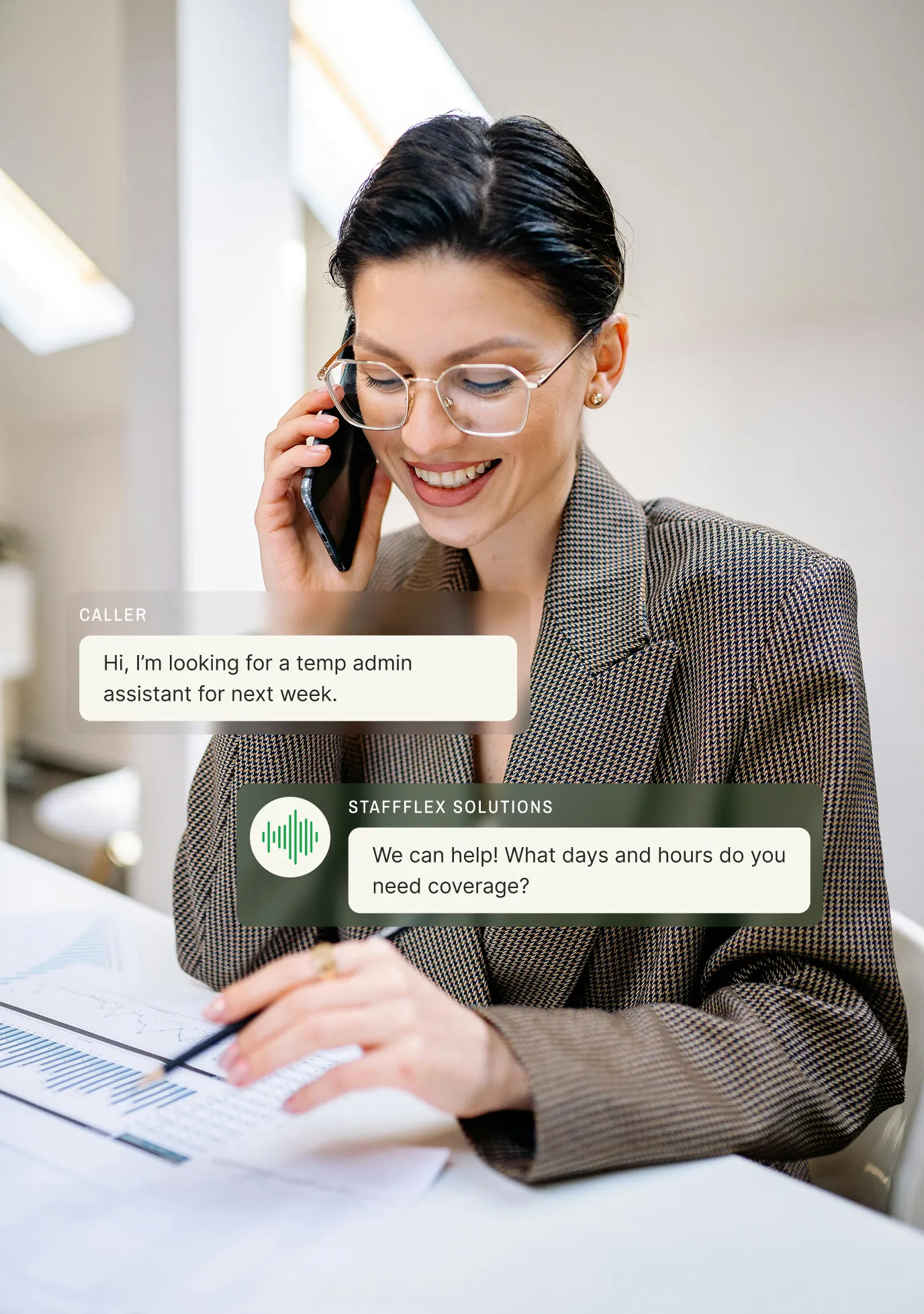 A marketing team collaborates around laptops as an answering service for social media marketing companies handles a call about a boutique's interest in marketing services.