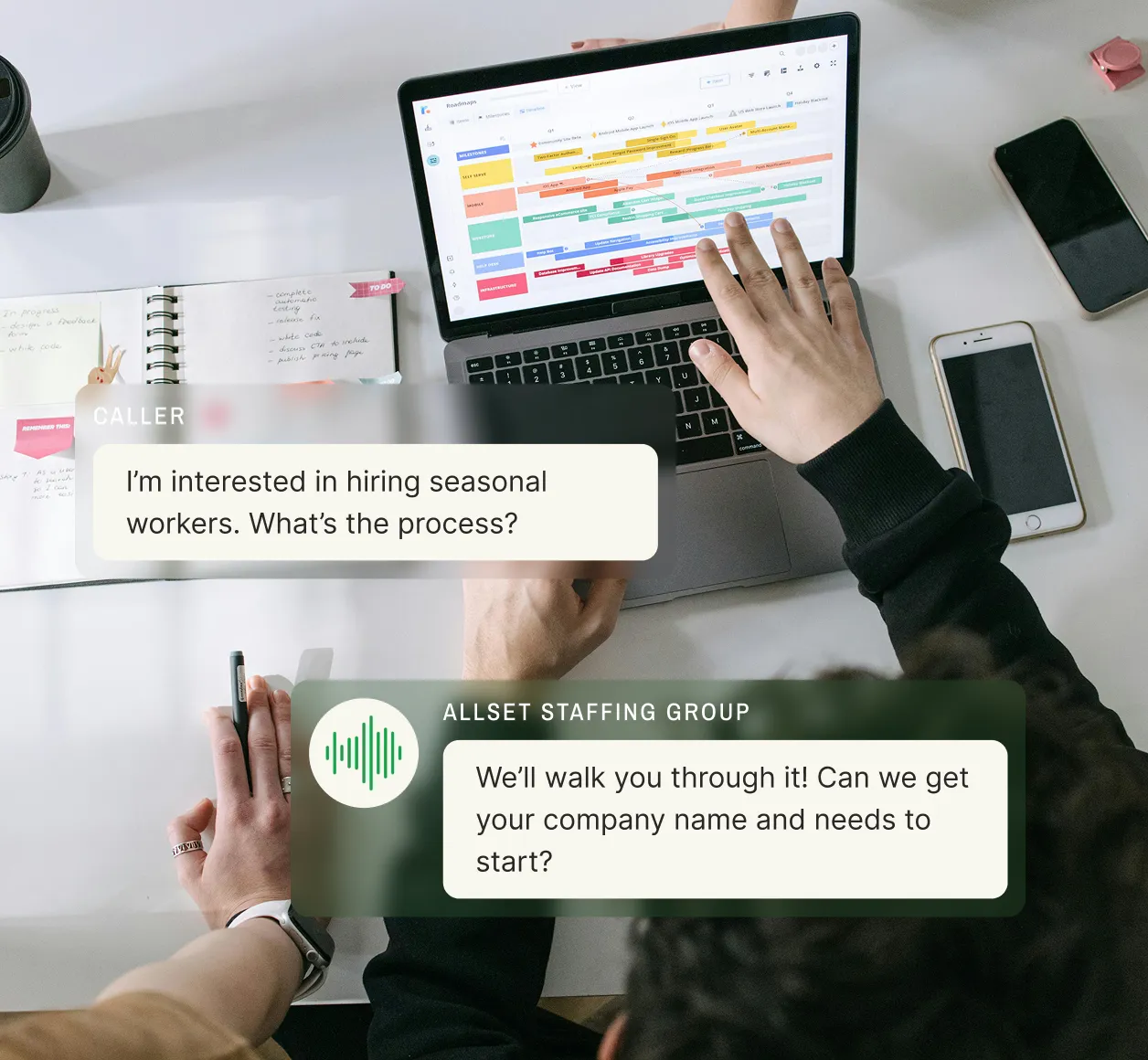 Busy office scene where an answering service for a marketing agency responds to a request for an SEO quote.