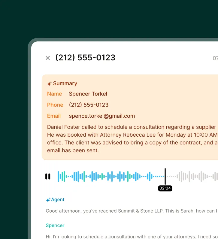 Example of a call summary showing the caller's name, phone, and email details along with the call summary, transcription, and recording for an answering service for law firms.