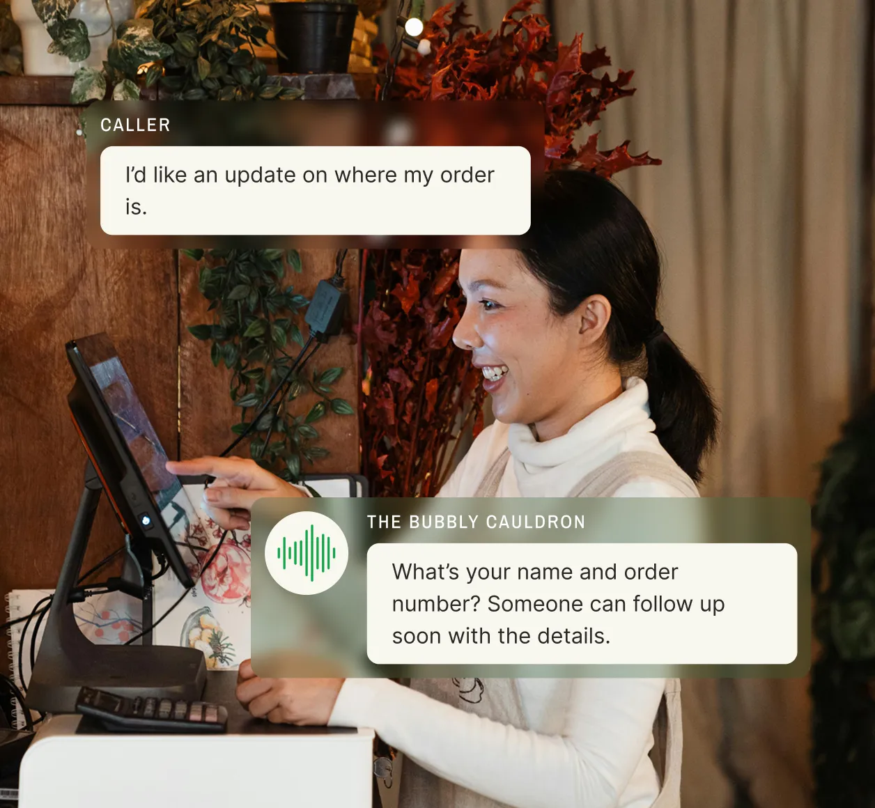 A lawyer listens while AI support phone asks for the caller’s name to connect them regarding a case.
