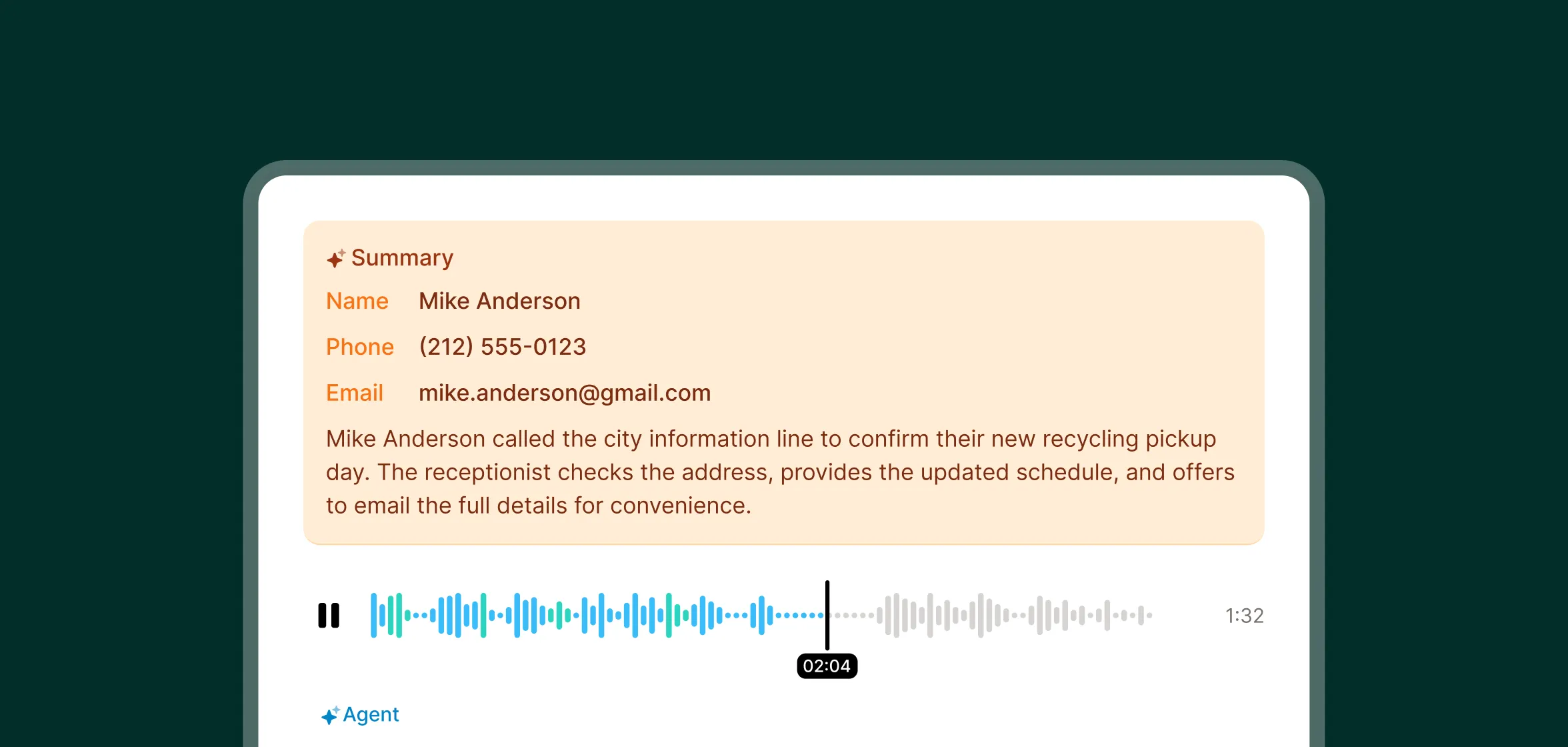 A call detail panel displays a “Summary” with Mike Anderson’s name, phone, email and a transcript about recycling pickup, showing how a government call center logs conversations.