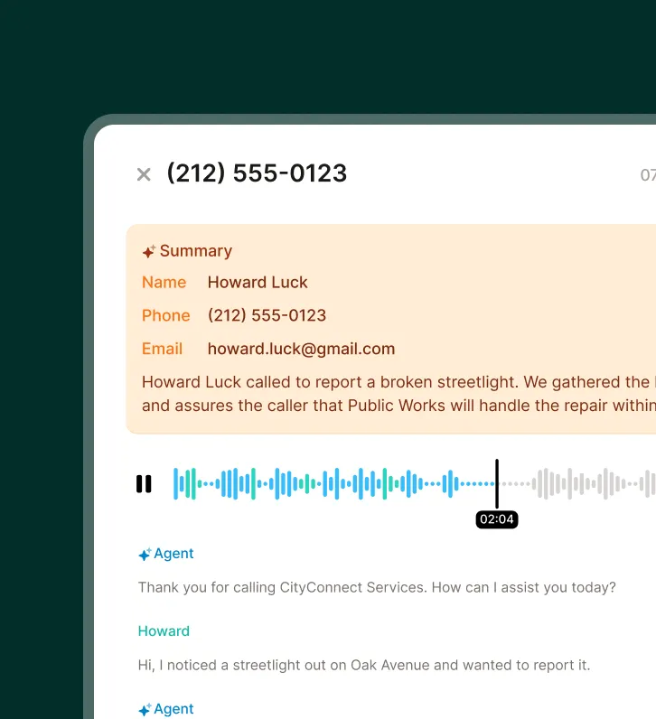 Call detail view displays a summary, contact info, and full transcript about a broken streetlight for a city answering service.