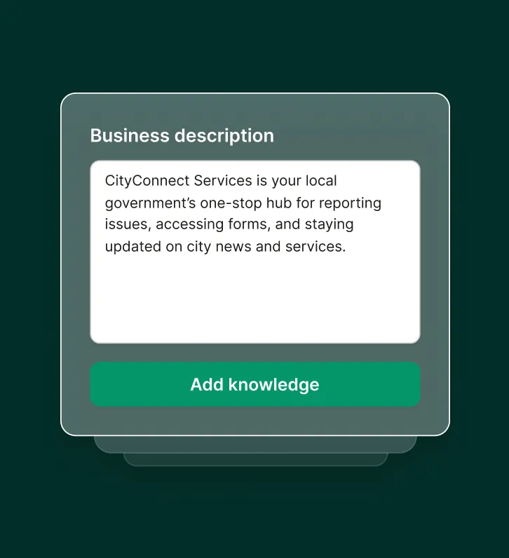 Dashboard screen shows a government agency answering service adding a business description to its knowledge base.