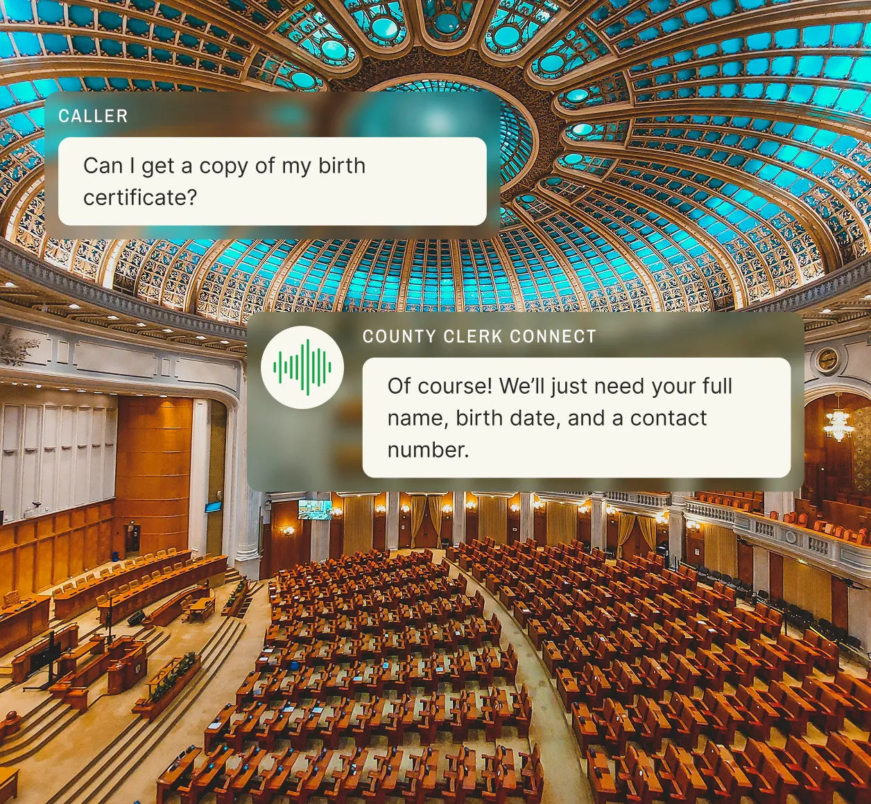 Inside a grand chamber, a caller requests a birth certificate copy, and the government agency answering service asks for full name, birth date, and contact number.