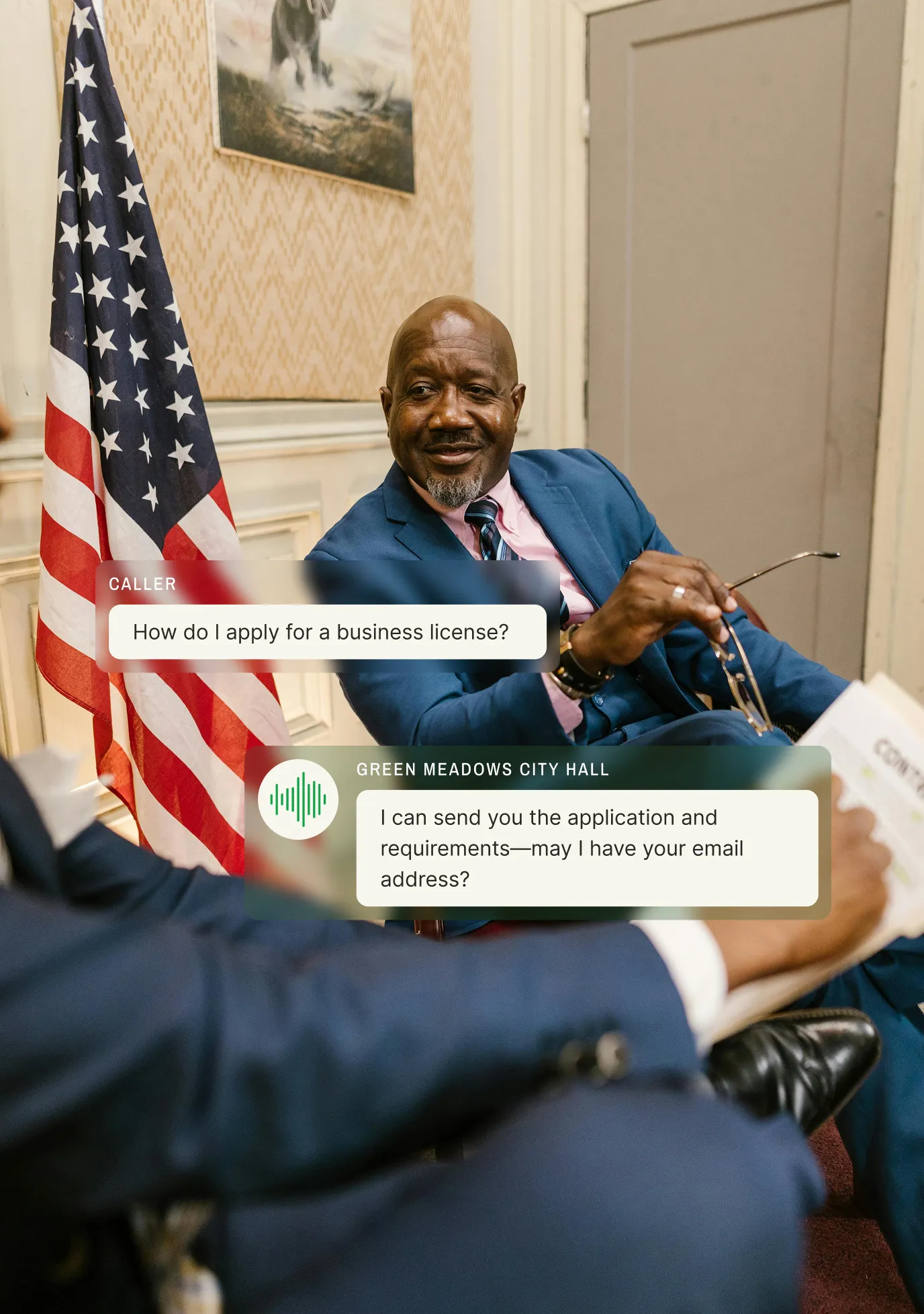 In city hall, a caller asks how to apply for a business license, and an answering service for government agencies offers to email the application and requirements.