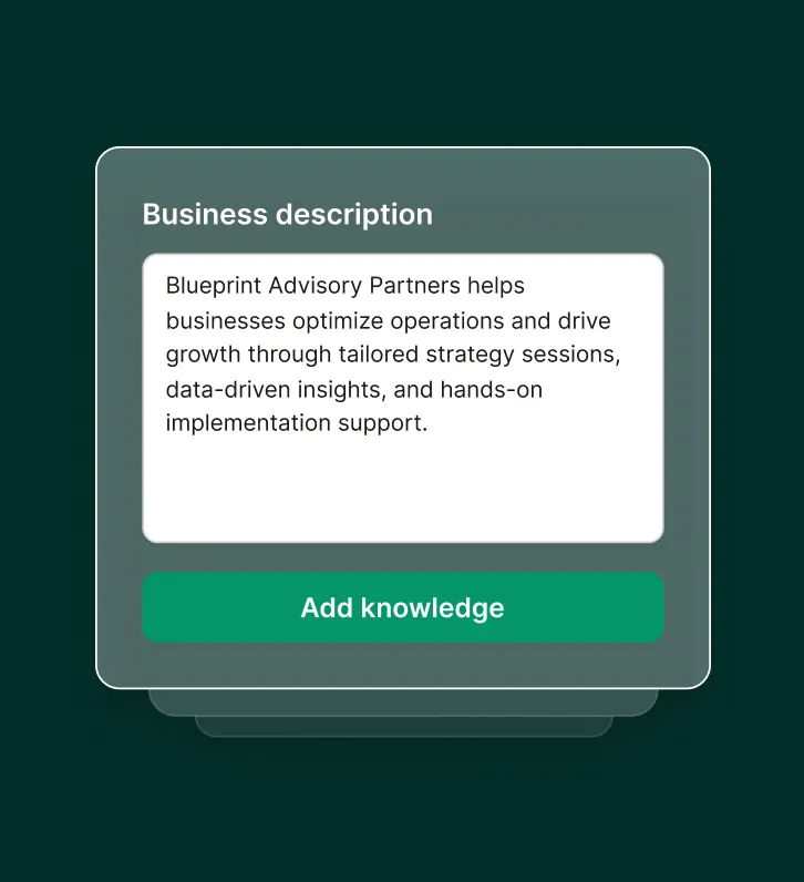 Dashboard showing business description being added for an answering service for consulting firms.