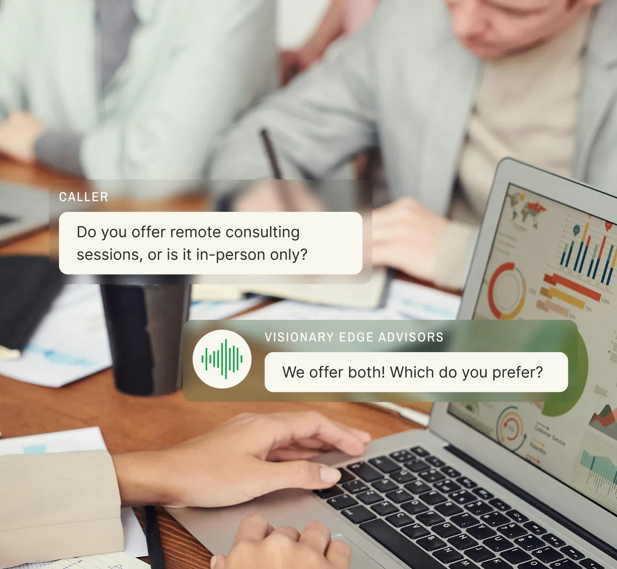A client inquires about remote sessions and the answering service for consulting firms replies offering both remote and in-person options.
