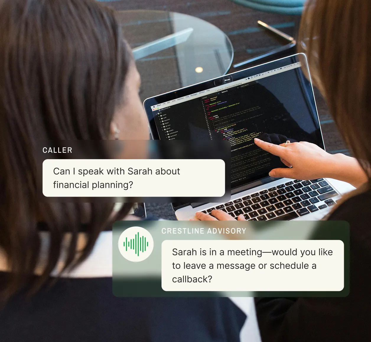 A caller asks for Sarah about financial planning and the answering service for consulting firms offers to take a message or schedule a callback.