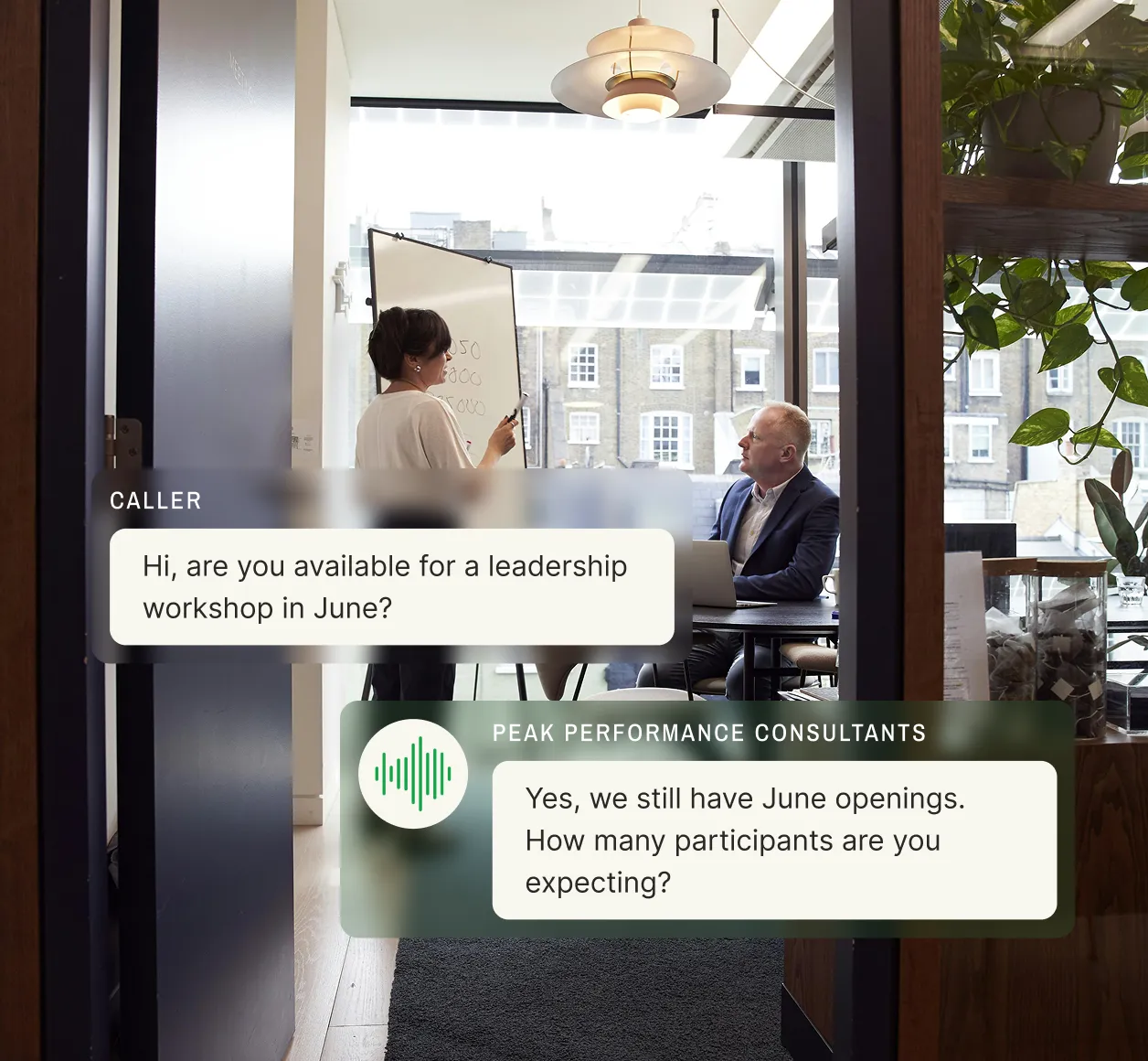 A client requests availability for a leadership workshop and the answering service for consulting firms confirms openings and asks for participant count.
