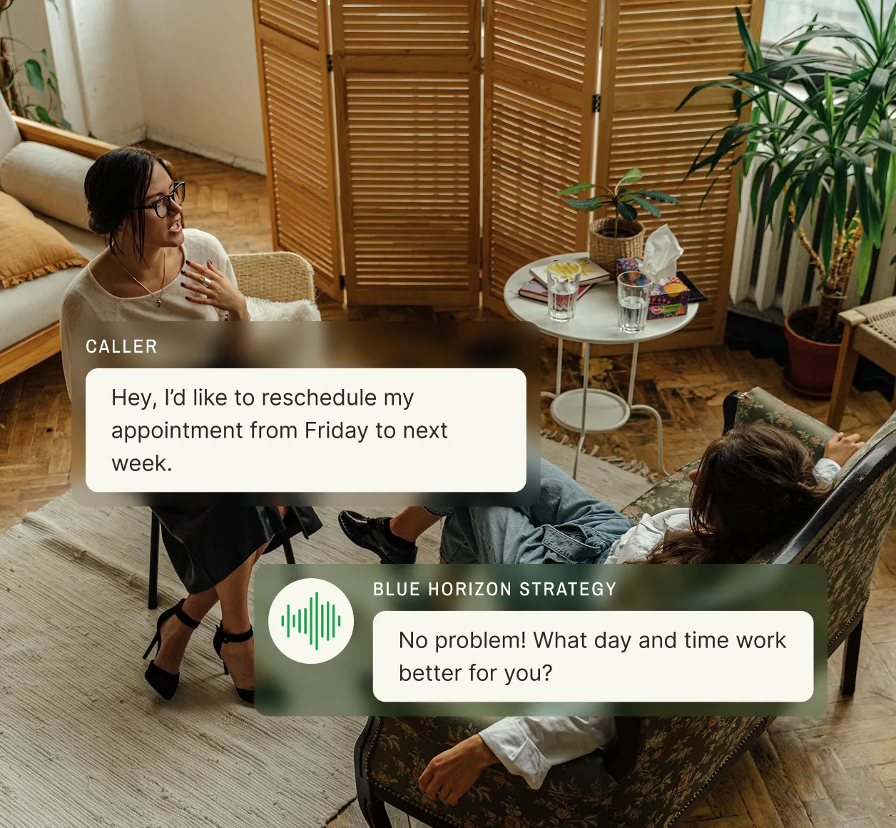 A client asks to reschedule an appointment and the answering service for consulting firms responds with flexible scheduling options.