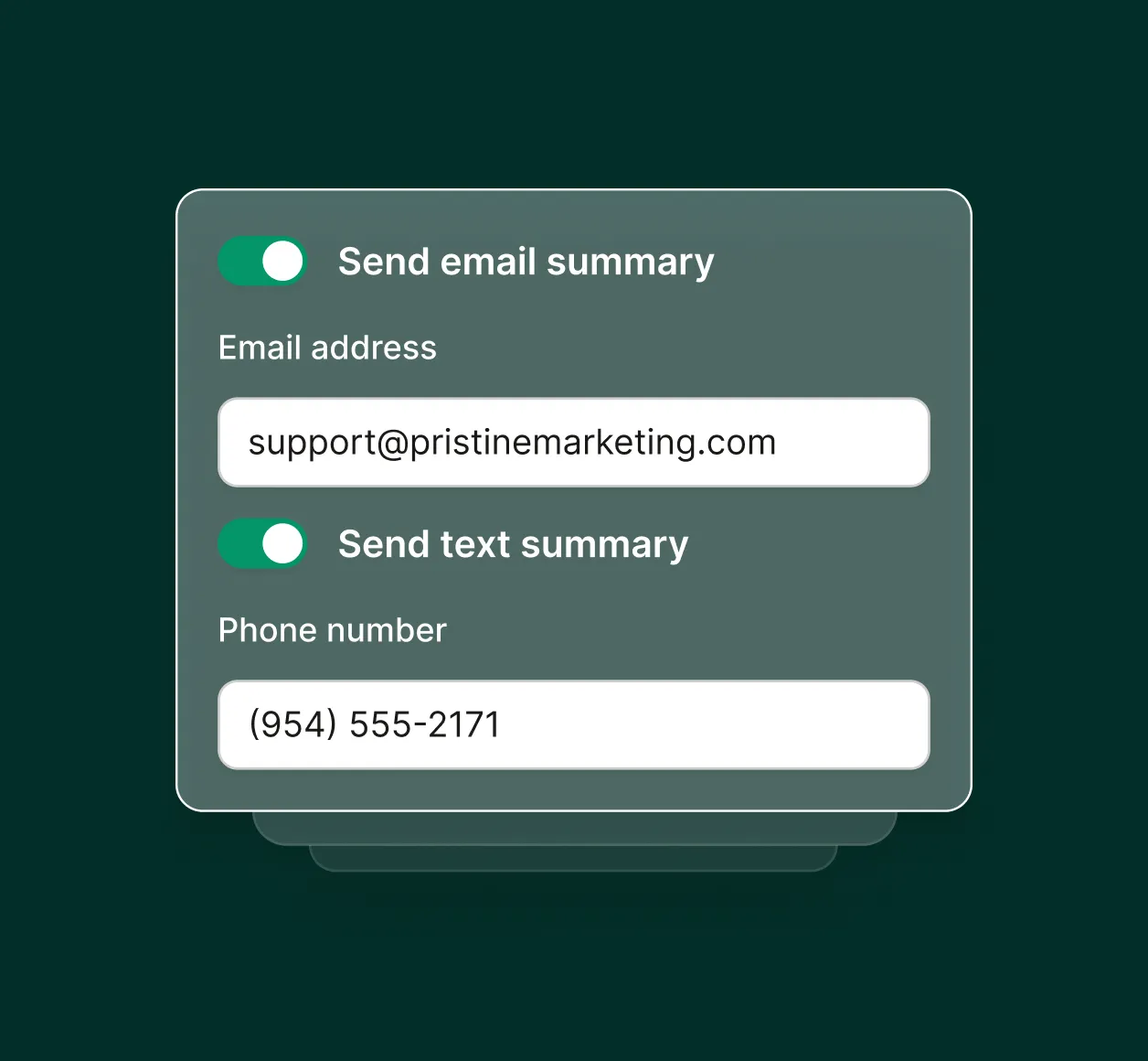 Dashboard showing email and text summary notifications enabled for an answering service for consulting firms.