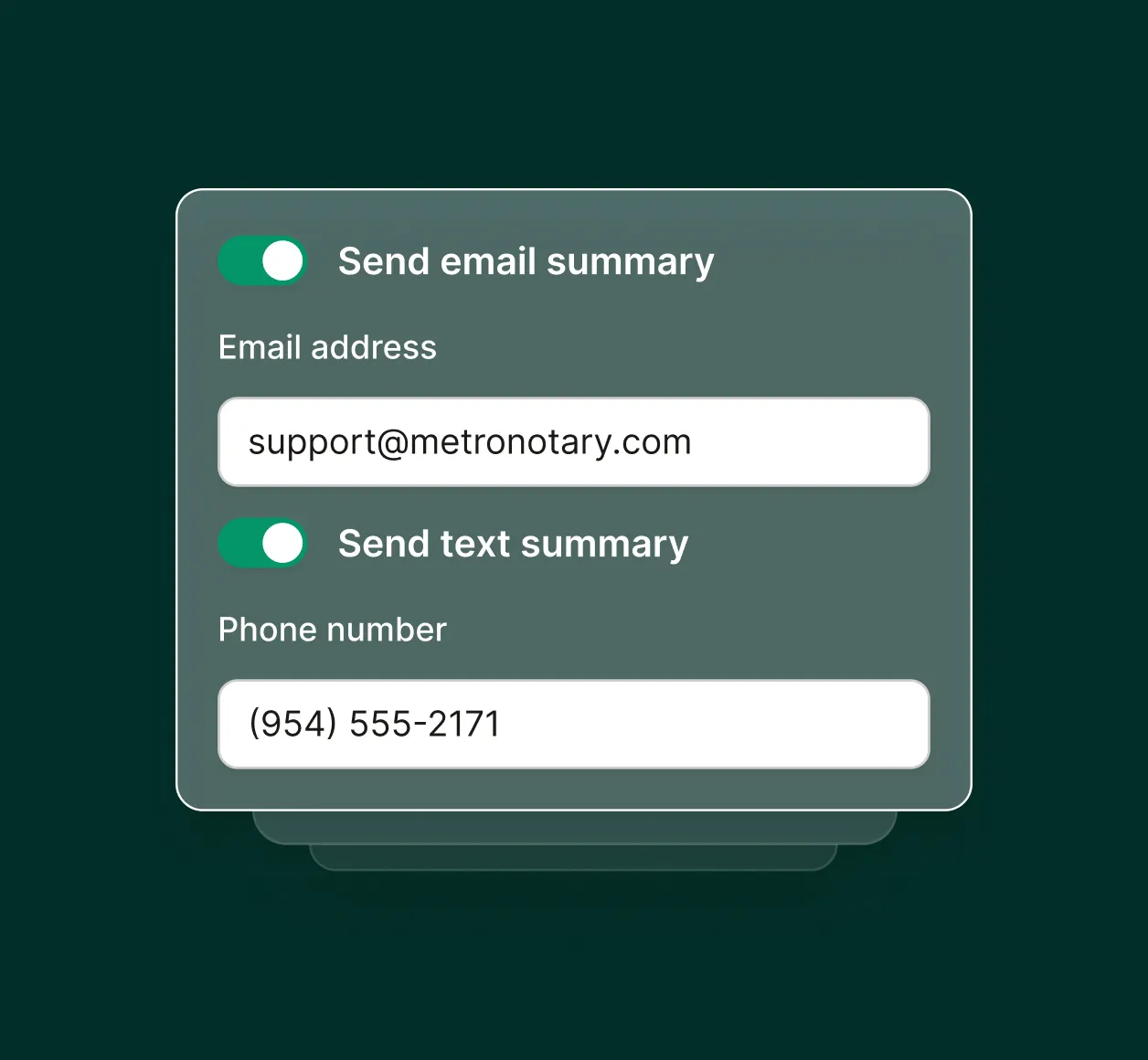 Settings panel for a notary answering service enables email and text summaries with fields for an email address and phone number.
