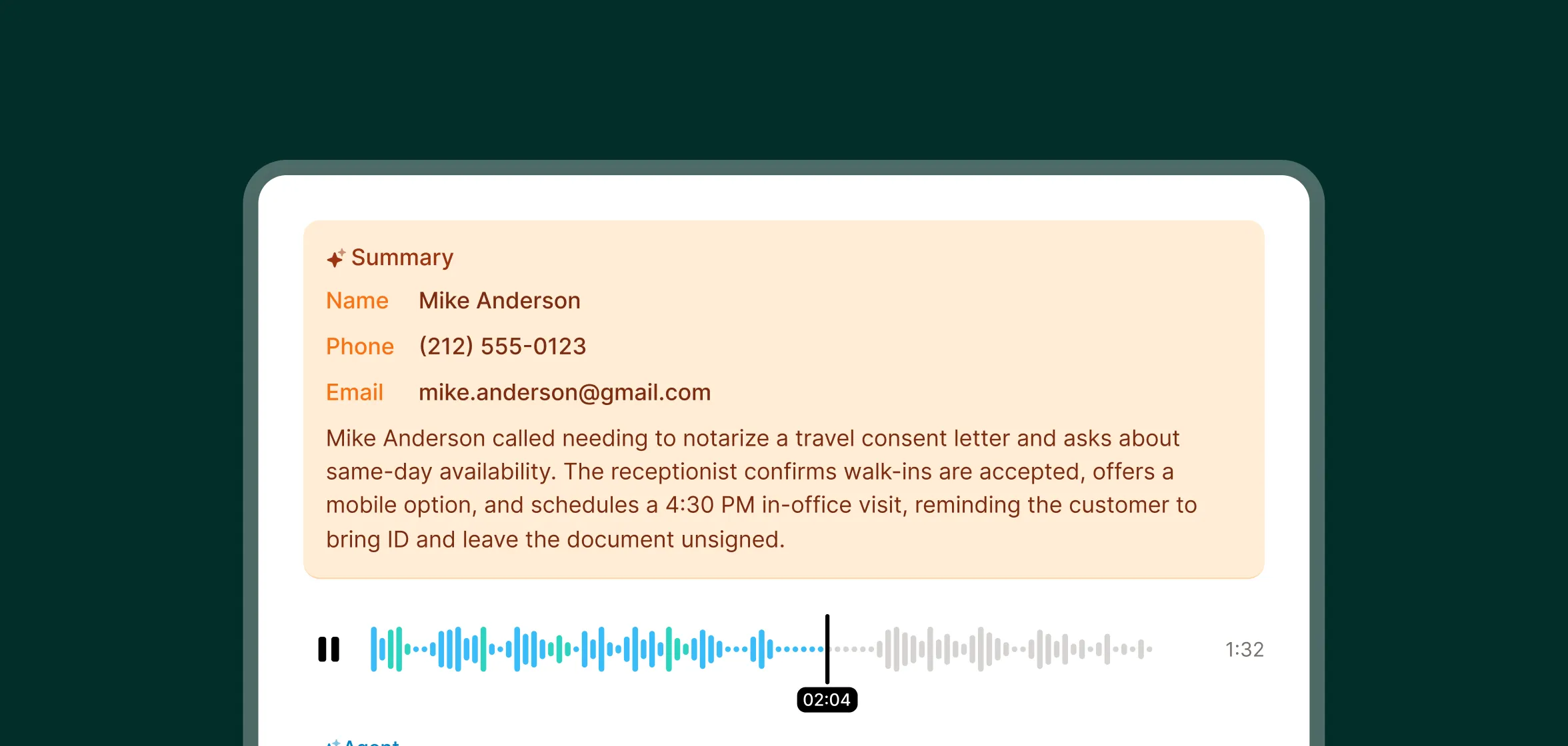 A notary answering service call summary lists the caller’s name, phone and email, noting walk-ins accepted, a mobile option, and a 4:30 PM in-office appointment with an ID reminder.
