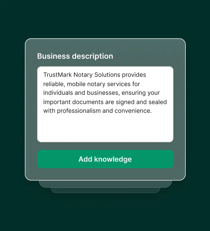 Interface shows adding a business description to a notary answering service knowledge base with an “Add knowledge” button.
