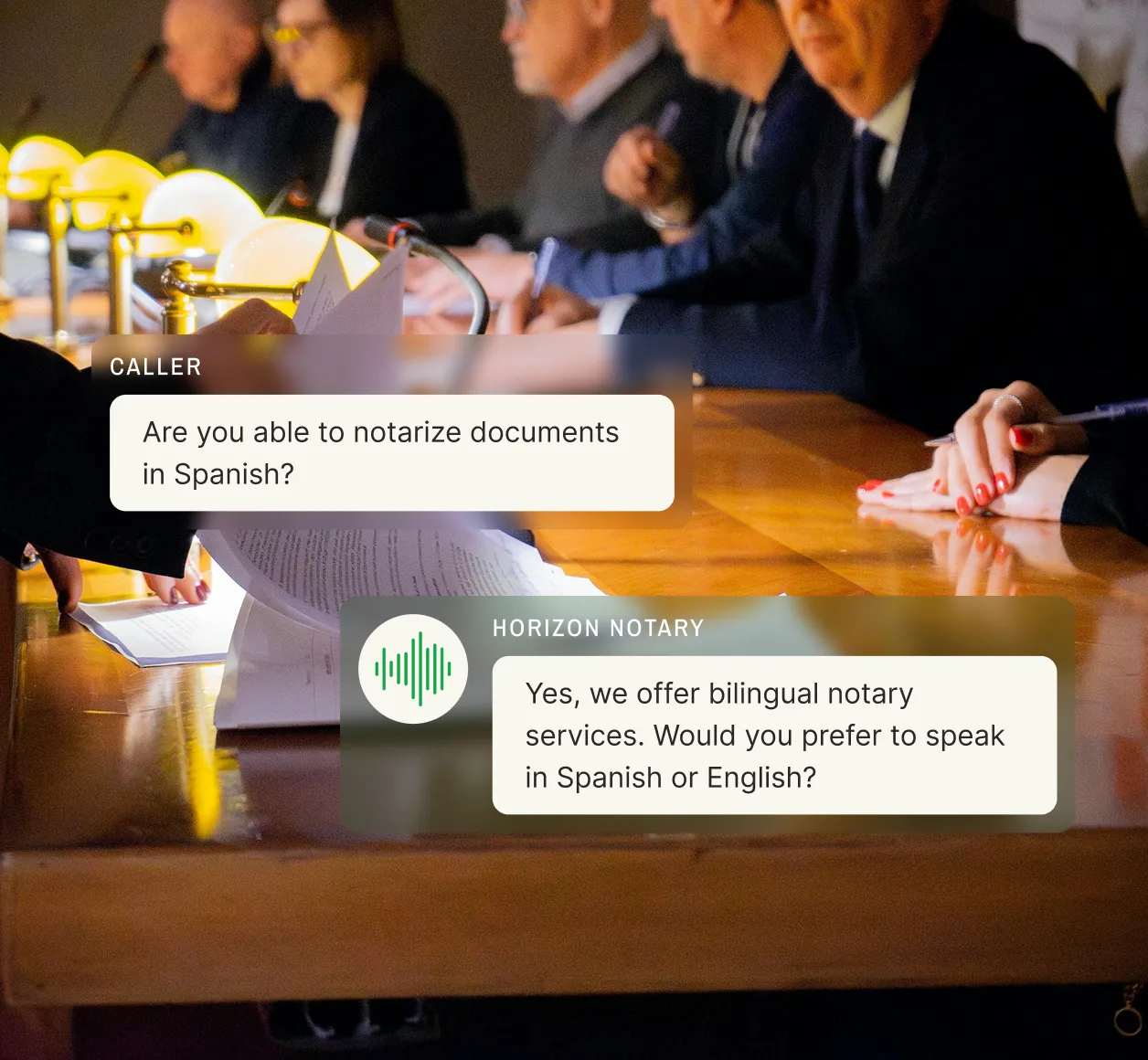 Caller asks if documents can be notarized in Spanish, and the notary answering service offers bilingual support and asks for Spanish or English preference.