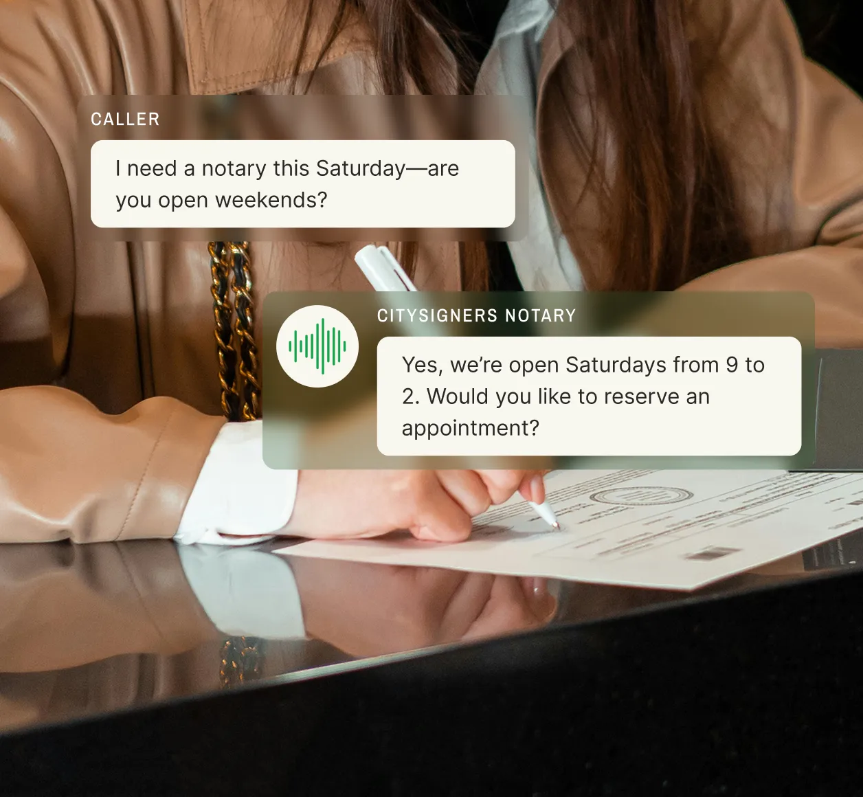 Caller asks about weekend availability, and the notary answering service confirms Saturday hours (9–2) and offers to reserve an appointment.
