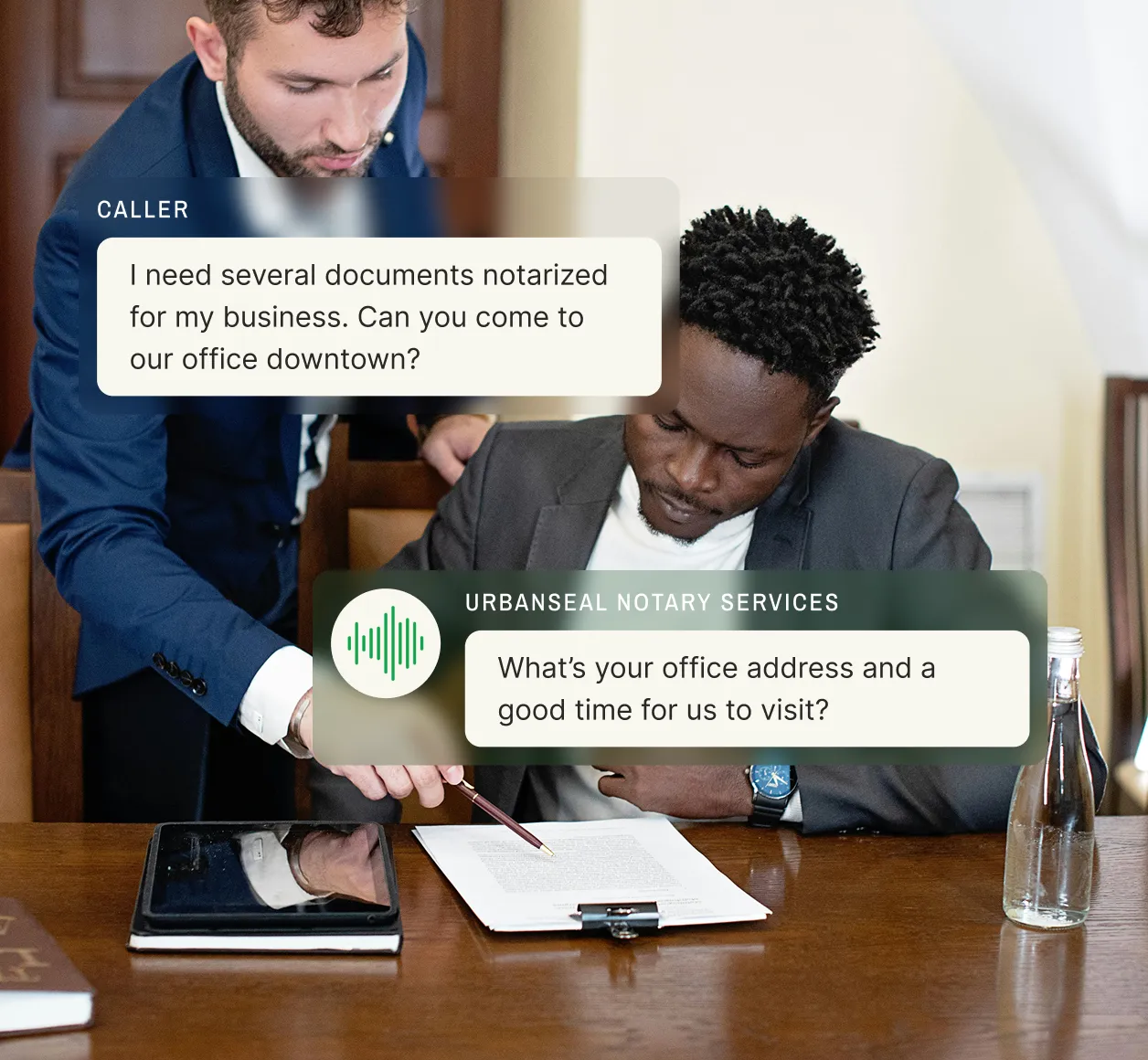 A business requests multiple documents notarized at a downtown office, and the notary answering service asks for the address and preferred visit time.