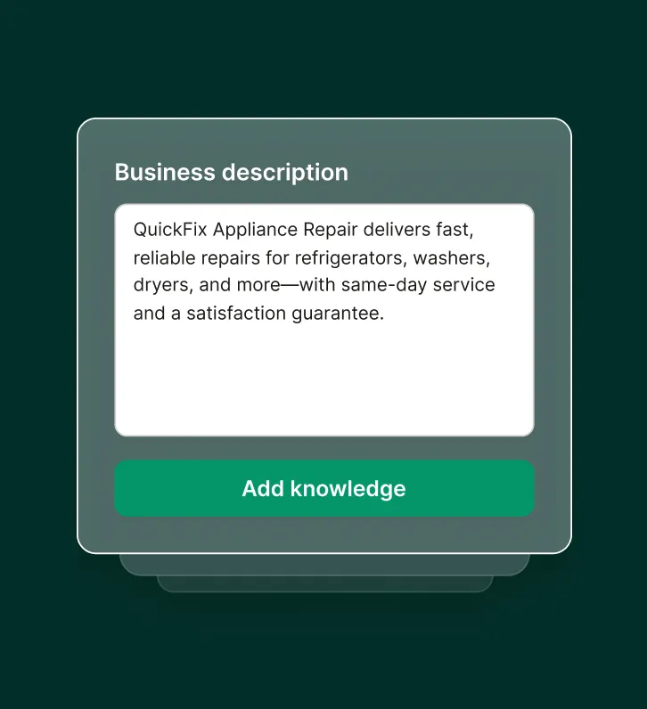 A screen displays a business description being added inside an appliance repair call answering service dashboard.