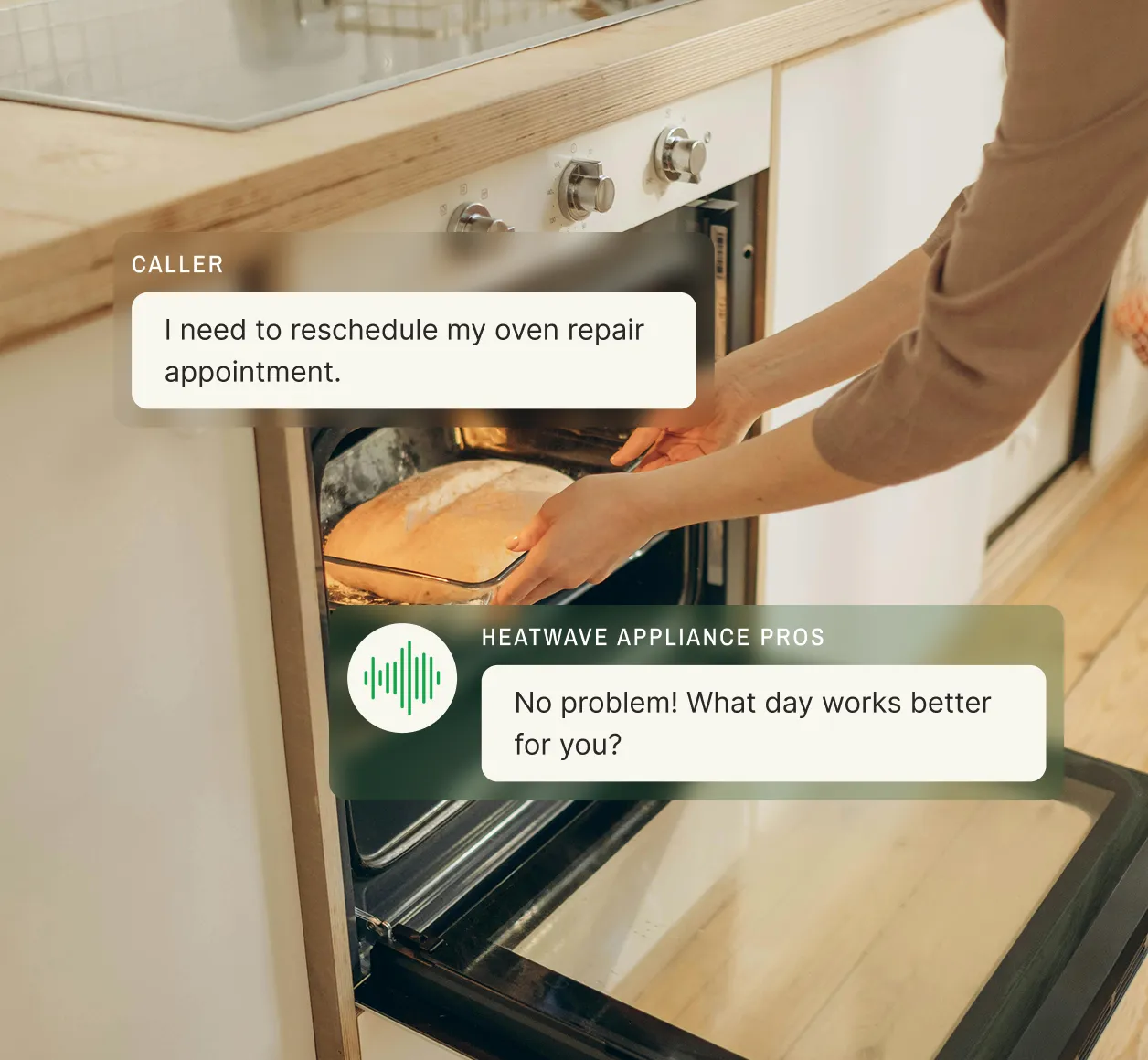 A caller reschedules an oven repair appointment and the appliance repair call answering service confirms a new time.