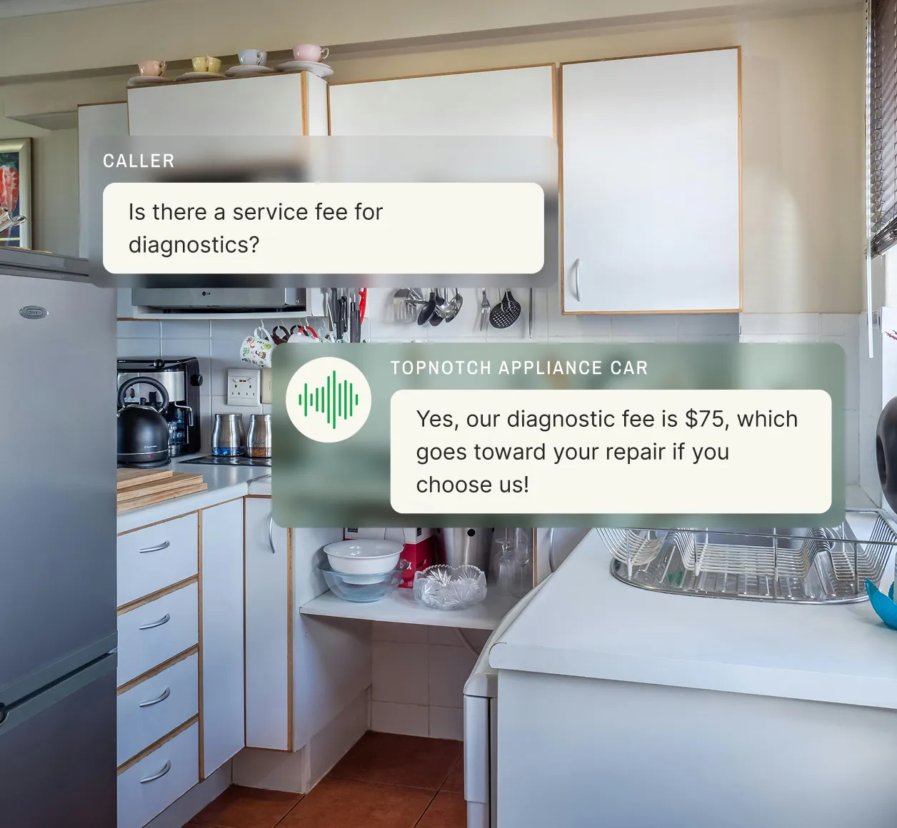 A customer asks about a diagnostic fee and the appliance repair answering service explains the pricing policy.