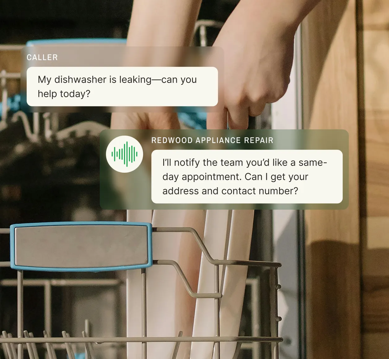 A caller reports a leaking dishwasher, and the appliance repair call answering service arranges a same-day appointment.