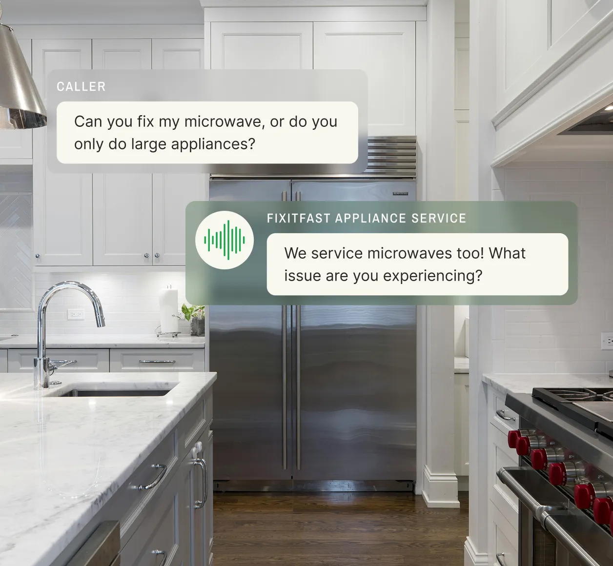 Caller asks about notarizing real estate closing documents, and the notary answering service replies it specializes and offers in-office or mobile scheduling.