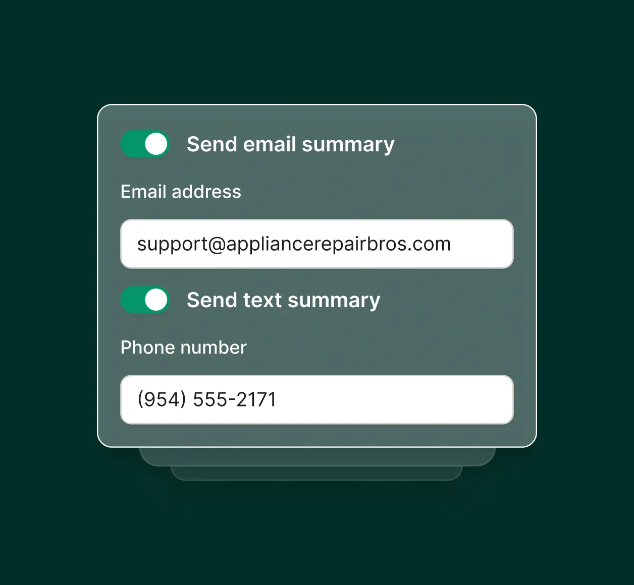 A settings panel displays options to send SMS and email summaries through an appliance repair call answering service.