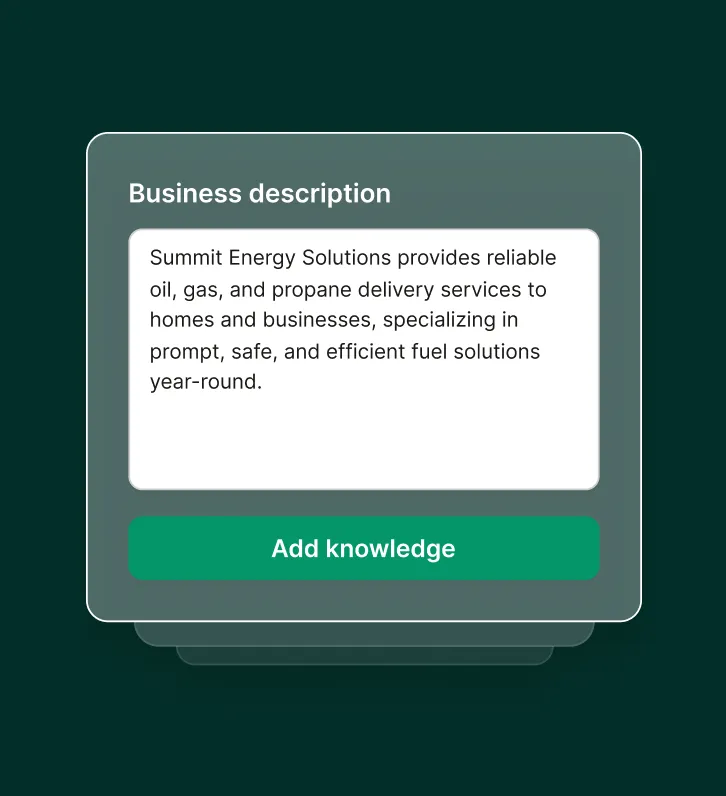 Setup page for an answering service for propane providers with a business description text box and an option to add knowledge.
