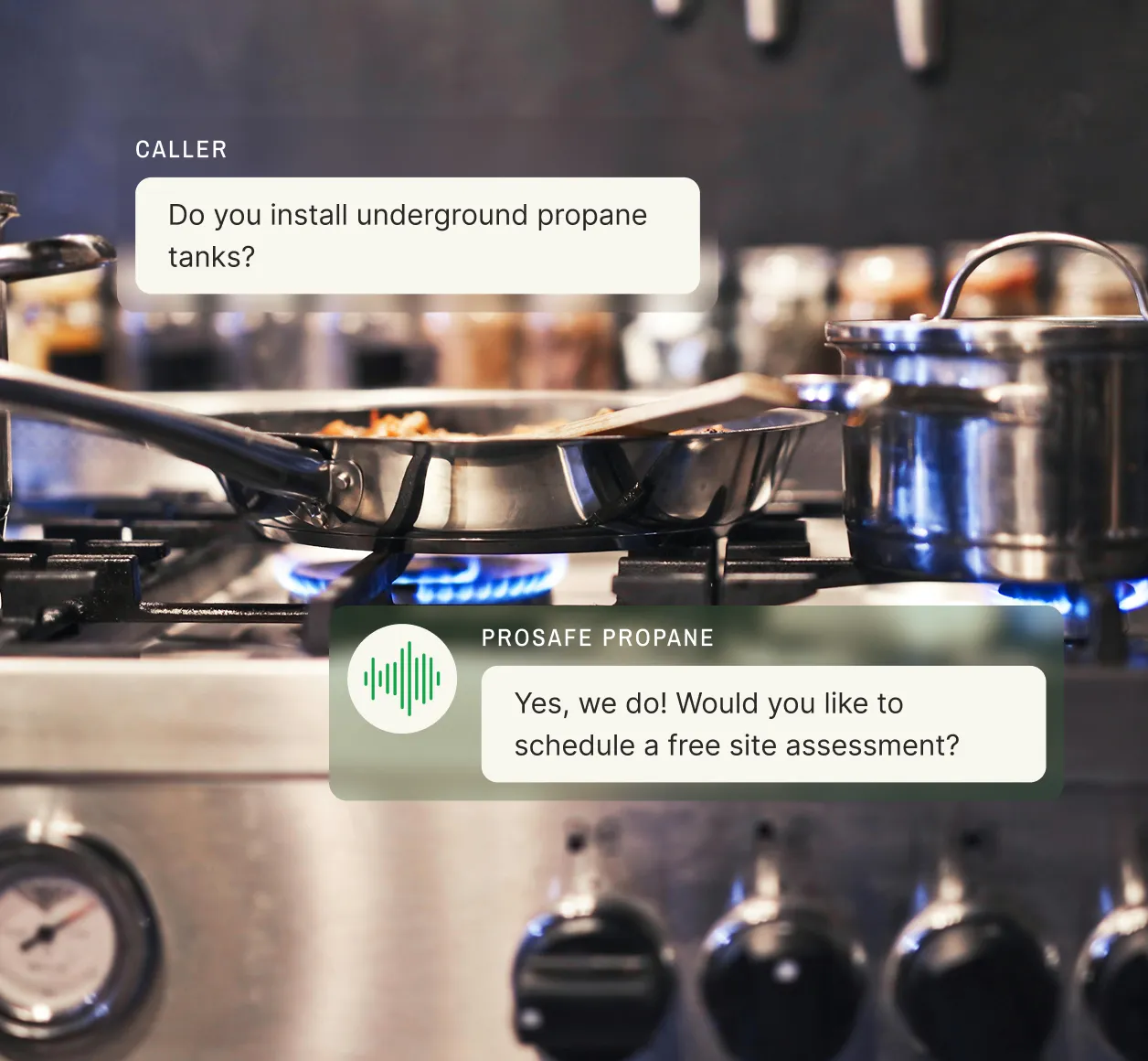 Conversation in a propane answering service confirms underground tank installation and offers to schedule a site assessment in the chat boxes.