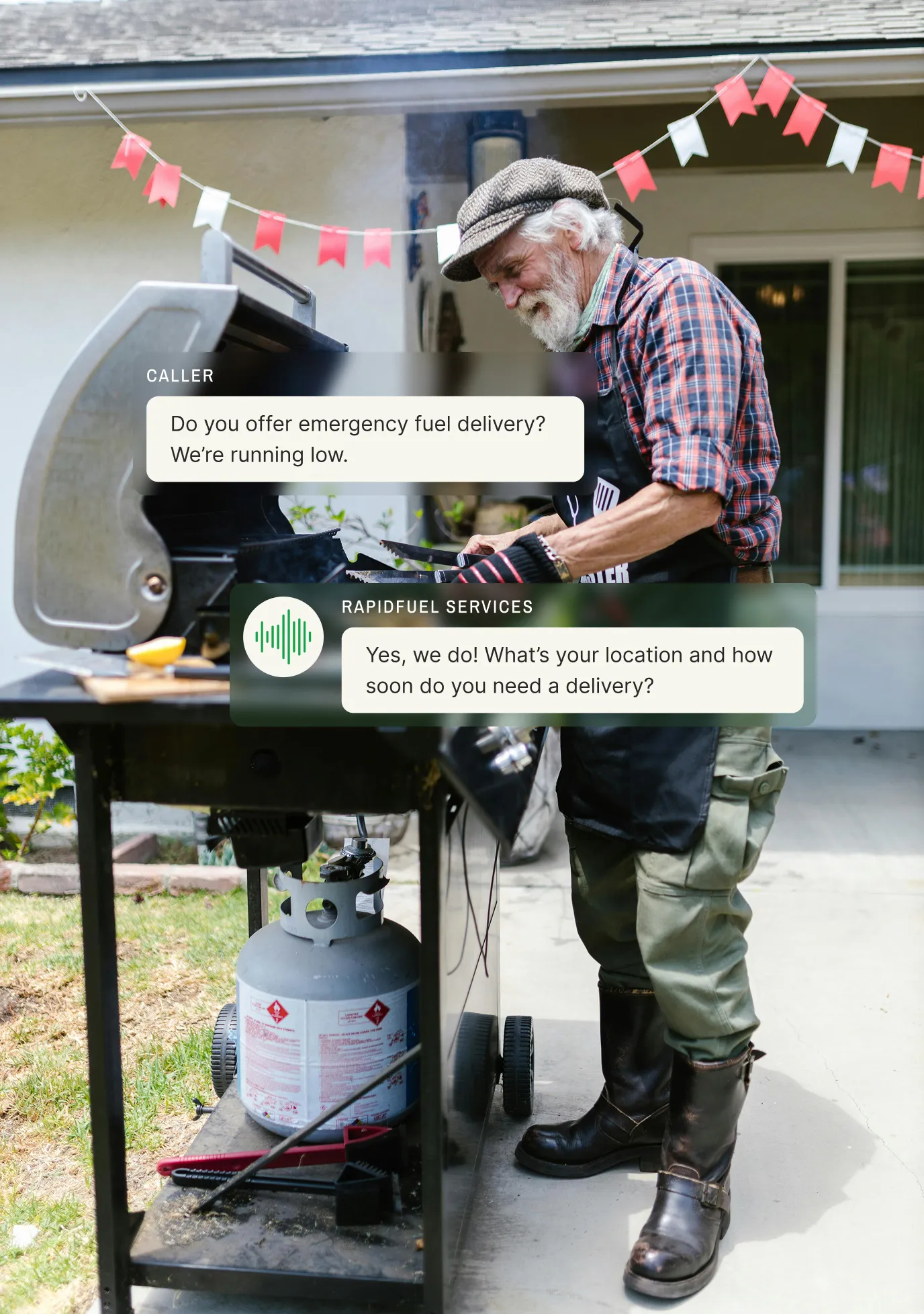 Feature graphic shows a propane answering service handling an emergency fuel delivery request and asking for location and timing in the text boxes.