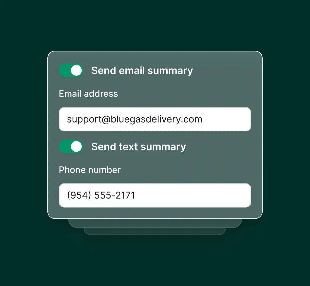 Interface in a propane answering service to send email or text summaries with fields for email address and phone number.