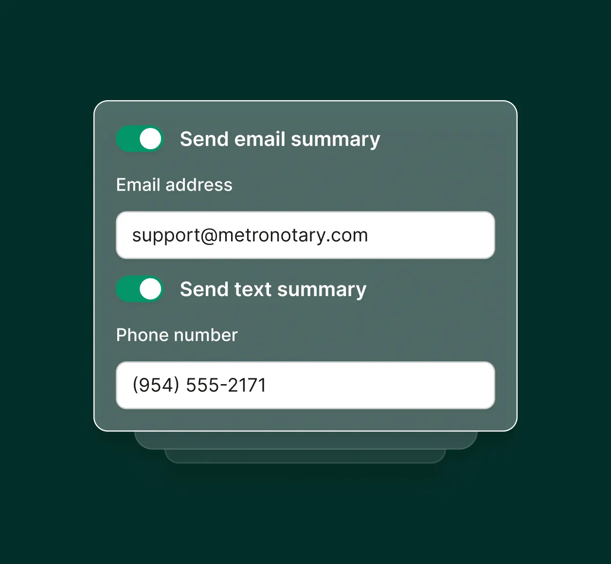 Settings panel for a retail answering service showing SMS and email summary notifications enabled.
