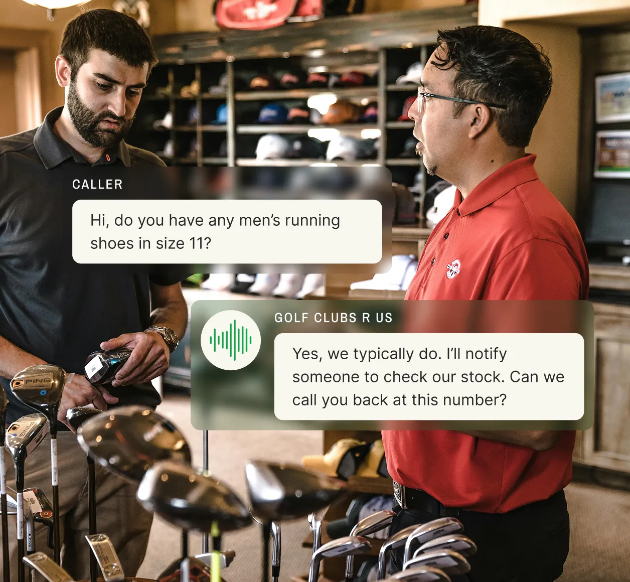 A retail store answering service helps a customer inquire about shoe sizes inside a sports shop.