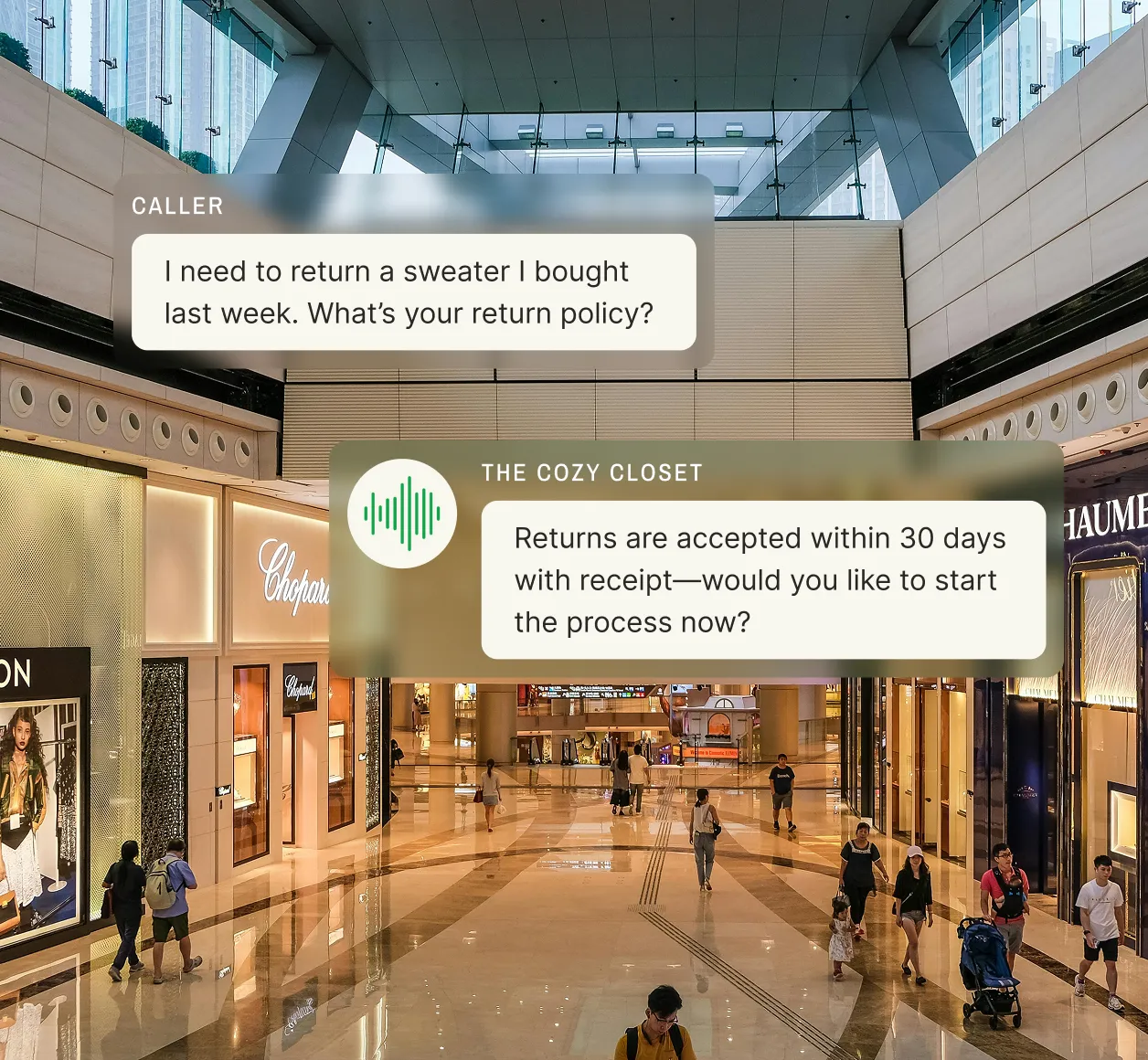 A retail answering service handles a customer call about a return policy inside a shopping mall.