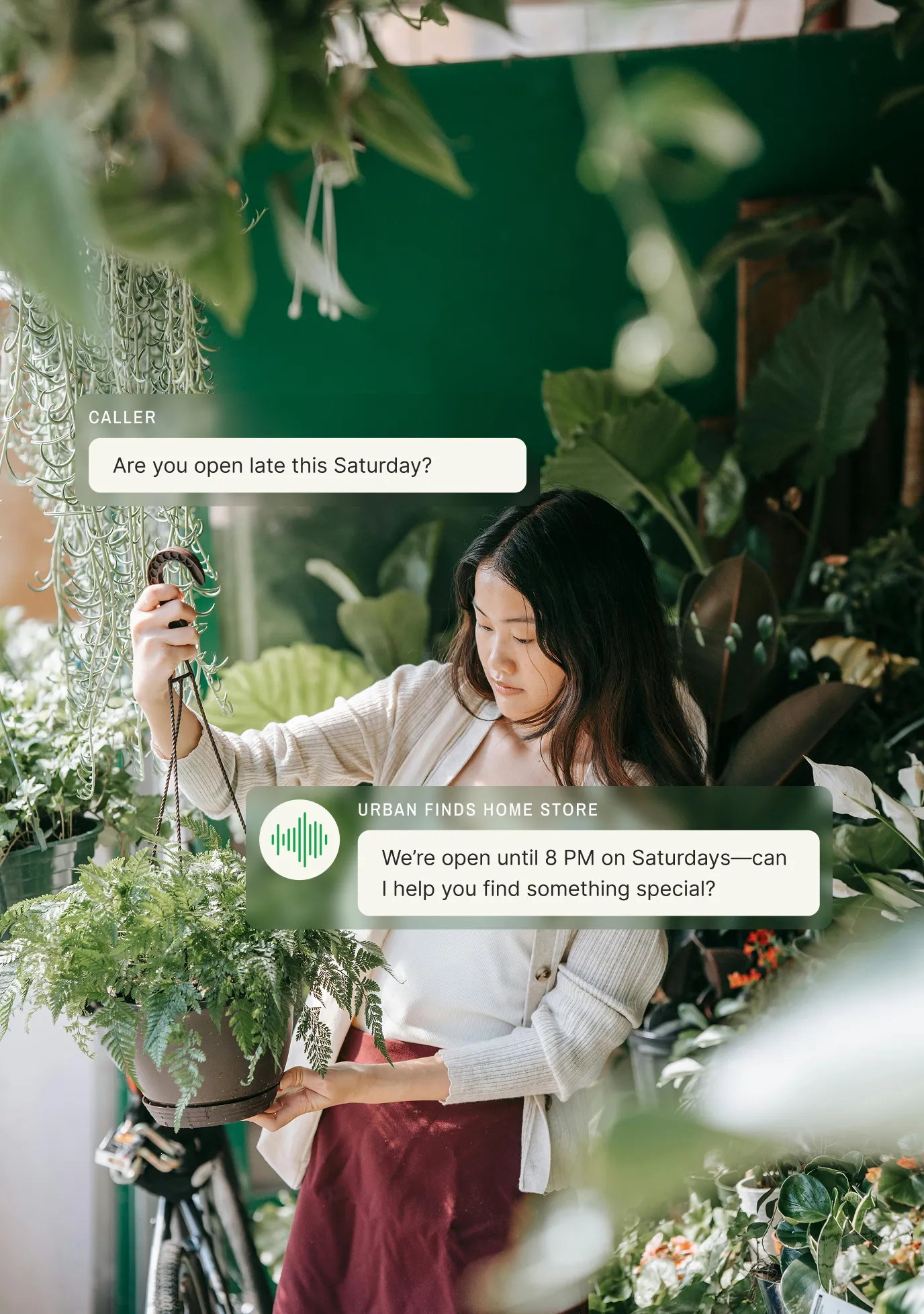 Retail answering service visual showing a friendly AI receptionist managing customer inquiries.