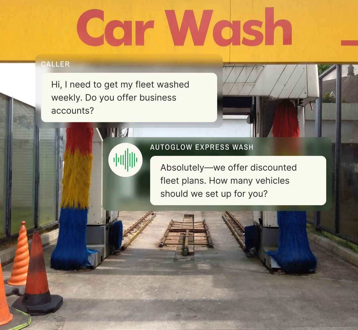 Caller asks about fleet wash plans and the answering service explains business account options for car wash companies.