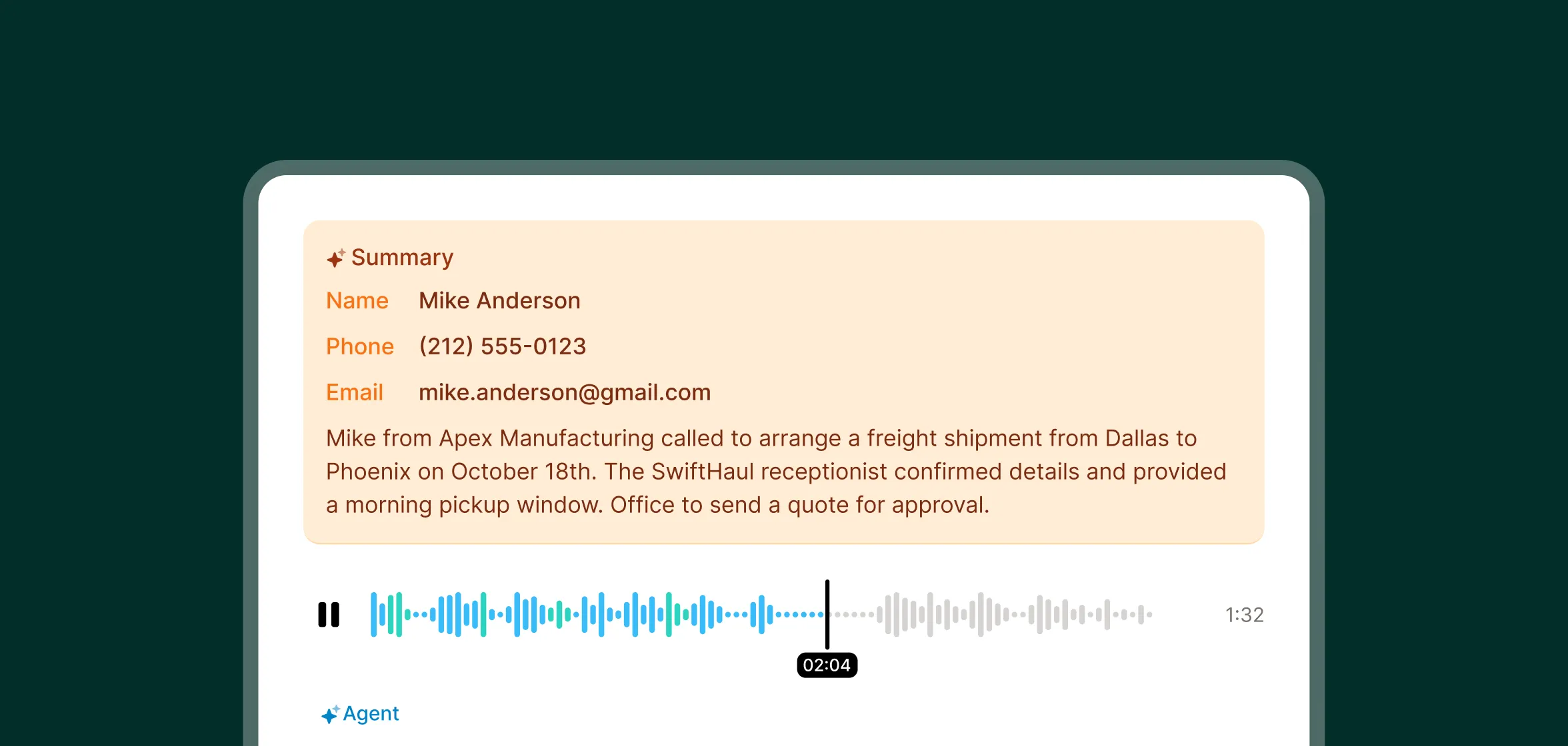 A call summary displays customer details and a transcript of a shipment inquiry handled by a logistics answering service.