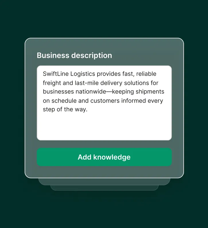 A dashboard shows a logistics answering service adding a business description for a freight and delivery company.