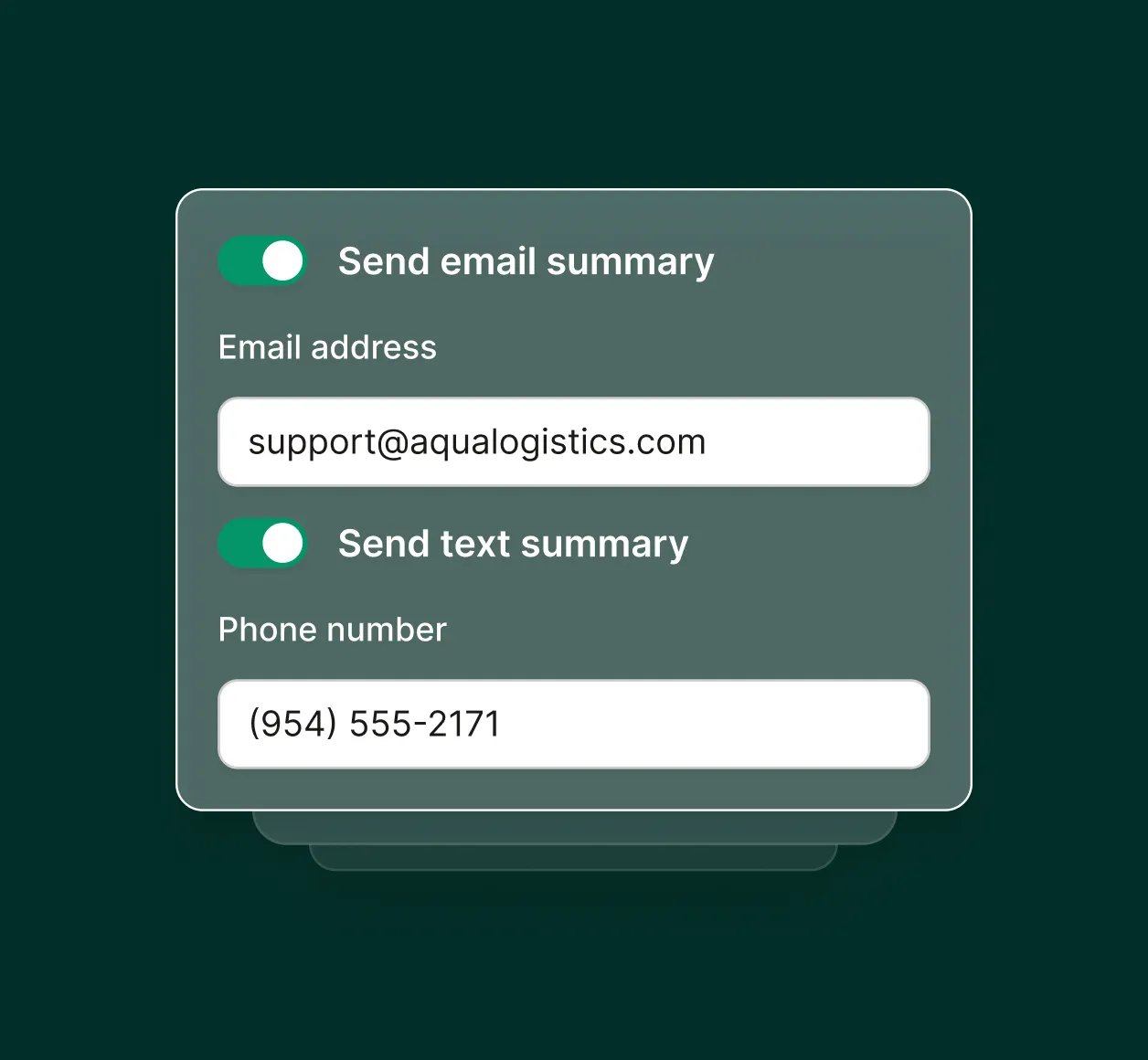 A settings screen shows options to send call summaries by email and text, illustrating automated notifications for a logistics answering service.