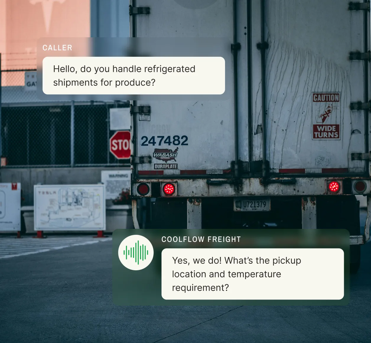 A caller asks about refrigerated produce shipments and the logistics answering service replies, confirming availability and asking for pickup details.