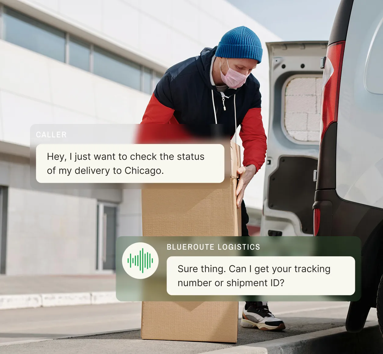 A caller checks on a Chicago delivery, and the logistics answering service asks for the tracking number or shipment ID.