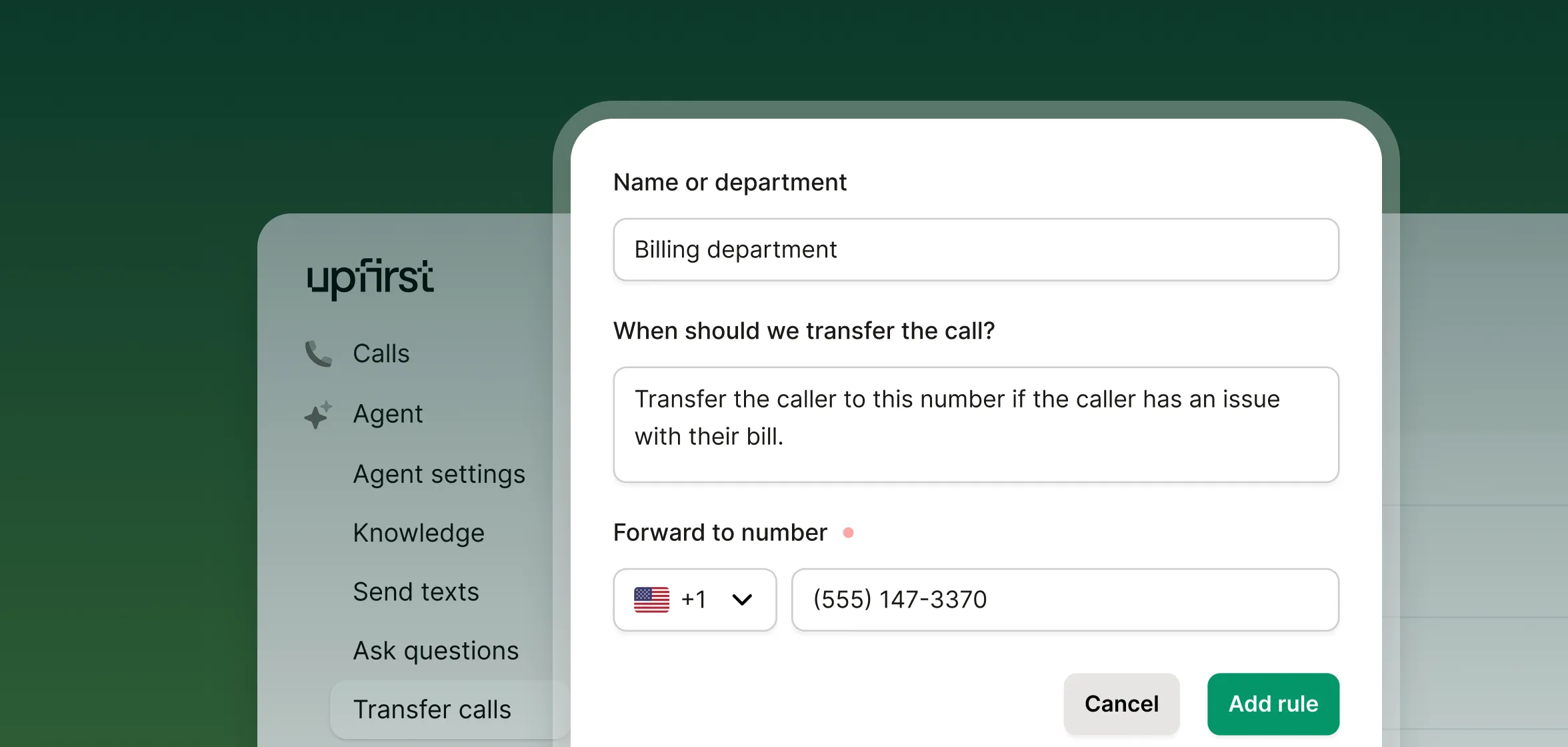 Utility and energy industry call center dashboard showing call transfer settings to the billing department.